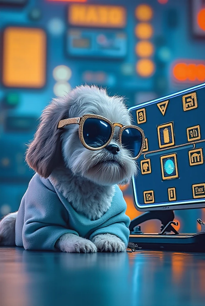 White pitbull dog wearing vision glasses, in office, with computer and notepads.