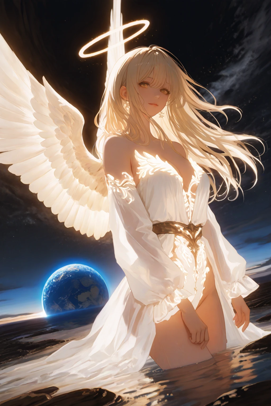Angel. Hot girl. Sky. Gold sword. Huge white wings. Angry. Sweaty. Fighting. Beautiful. Gorgeous. Low angle POV. Army. Long white dress.