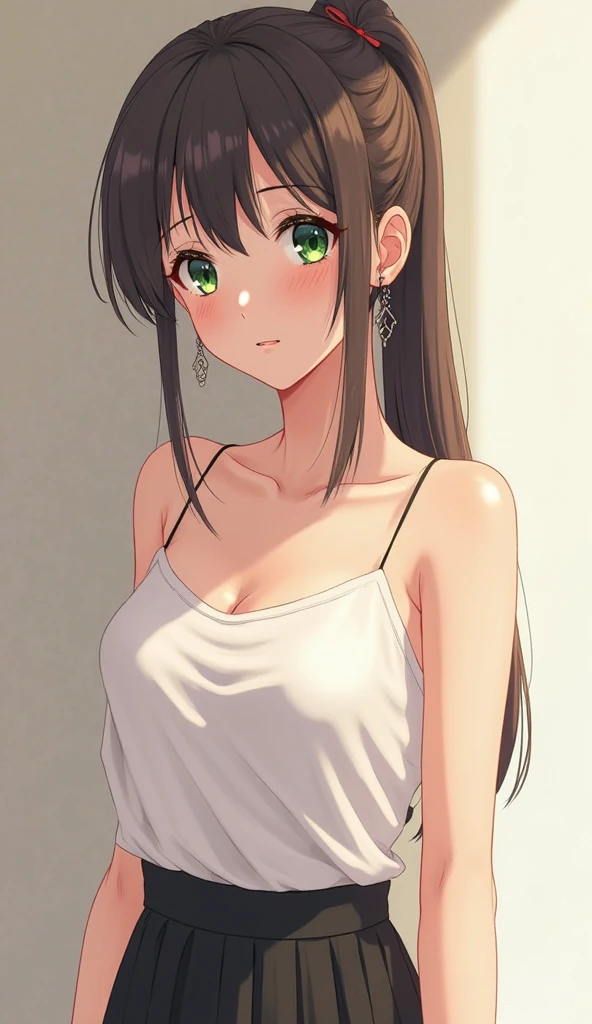 Anime girl, Long black hair, green eyes,aesthetic body,casual