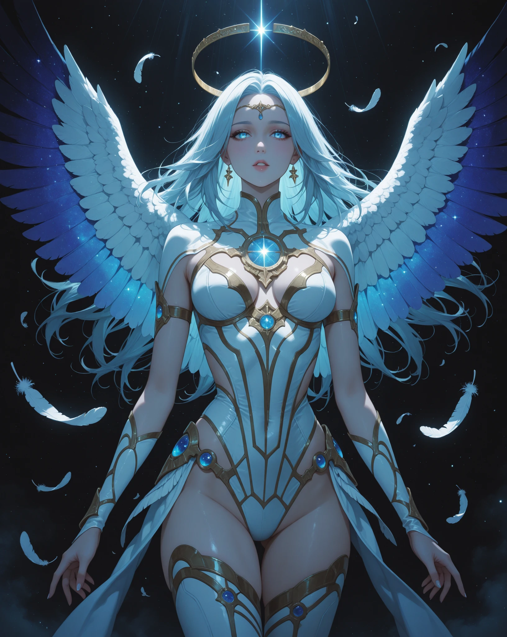 ((((Massive tall, beautiful, buff, pale white skinned muscular angel woman with cyan hair, huge angel wings, ginormous bulky muscles and wearing a beautiful white angel futuristic armor with pleated skirt)))), (close view), massive muscles, massive biceps, hyper muscle shoulders, massive muscle arms, vascular shoulders, hyper muscle triceps, huge angel wings, (long beachy hair), pleated skirt, purple eyes, choker, angel gauntlets, on top of a magical skyscraper in a mystical world, smile, hyper vascular arm, hyper muscles arms, hyper muscle legs, (massive arms).