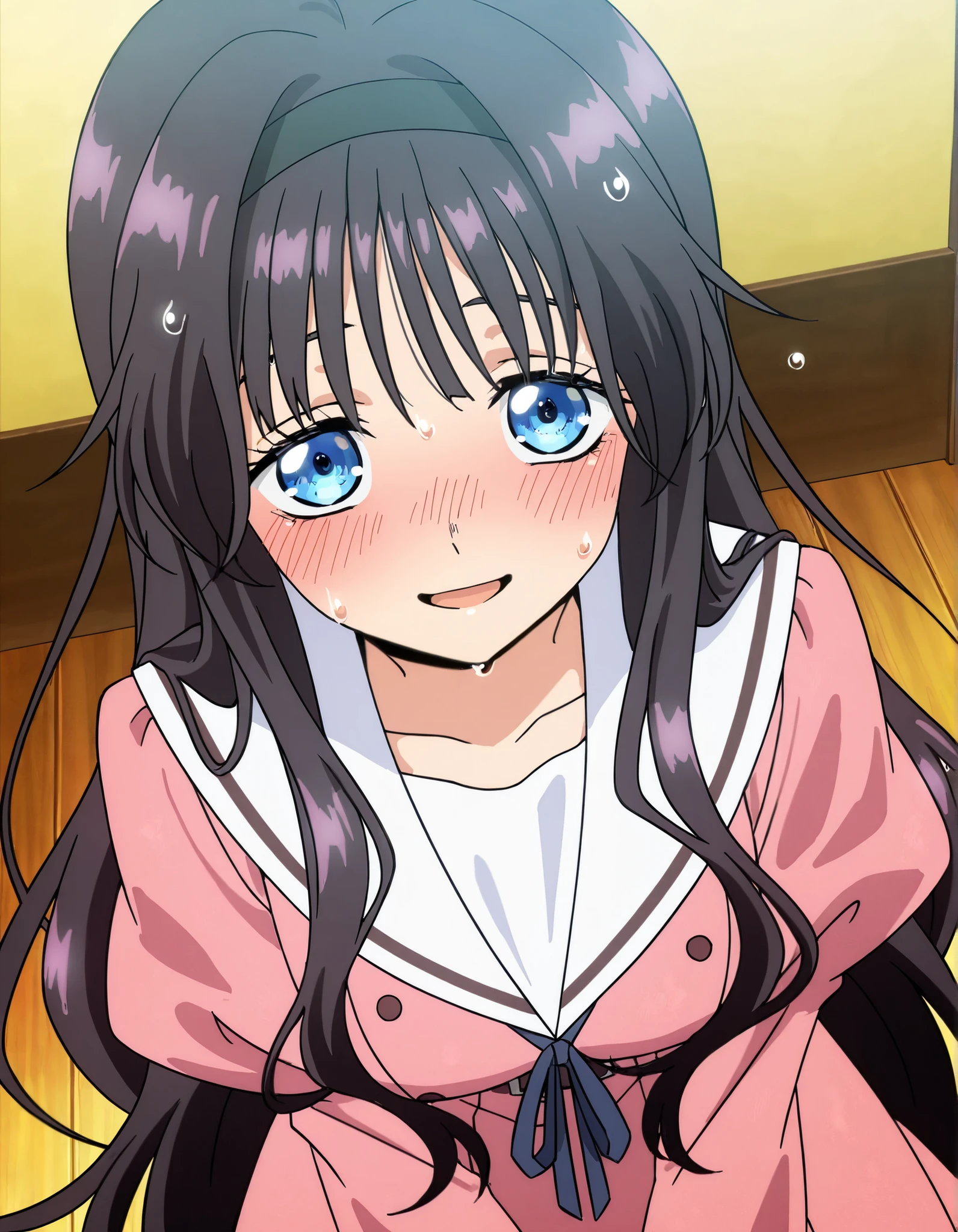 masterpiece, best quality, (best illustration), ultra-High resolution, score_9, score_8_up, score_7_up, BREAK source_anime, perfect eyes, (detailed face and eyes), general, highres, ultra-detailed, very aesthetic, best hands, Erotic_style, anime_coloring, anime_screencap, 1girl, solo, kaoruko, black hair, long hair, blue eyes, black hairband, school uniform, pink dress, white sailor collar, serafuku, puffy sleeves black, face focus, blush, sweat, sweaty, wet, wet clothes, shiny skin, sweat soaked, open mouth, embarrassed, smile, cute, cute smile, novel illustration, dynamic angle, cherry blossom tree,