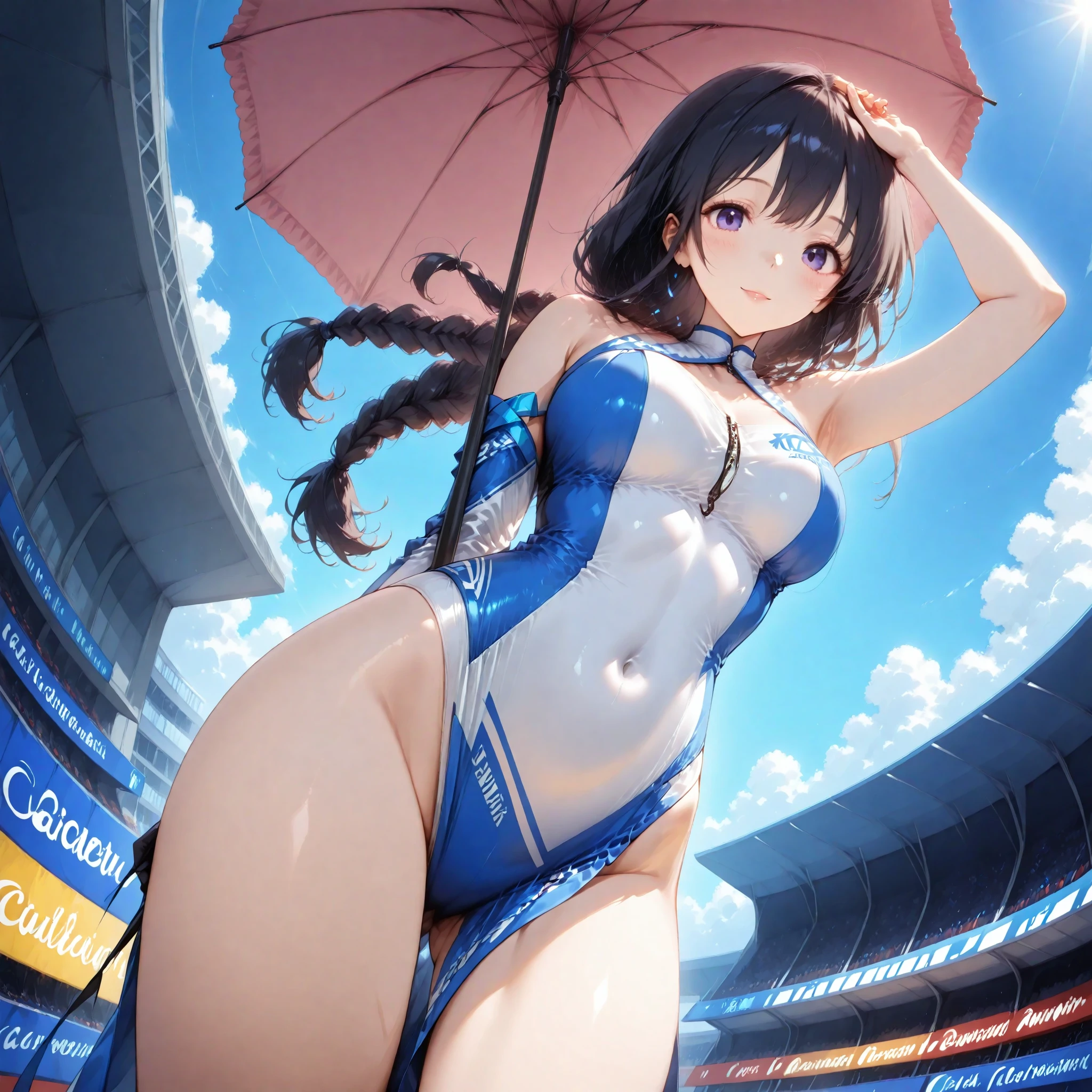 (Highest quality, 8k, 32K, masterpiece, Ultra-high resolution,:1.2),born, One girl,Super cute , Natural light,Clear, shining eyes, 20-year-old ,Fair skin, An innocent smile, Electronic world fantasy background, ,Girl with silver hair, Slanted Eyes, , An innocent smile, Grin, Large Breasts, Accentuate your butt, Back view, Sole, Round ass, Light pink striped swimsuit