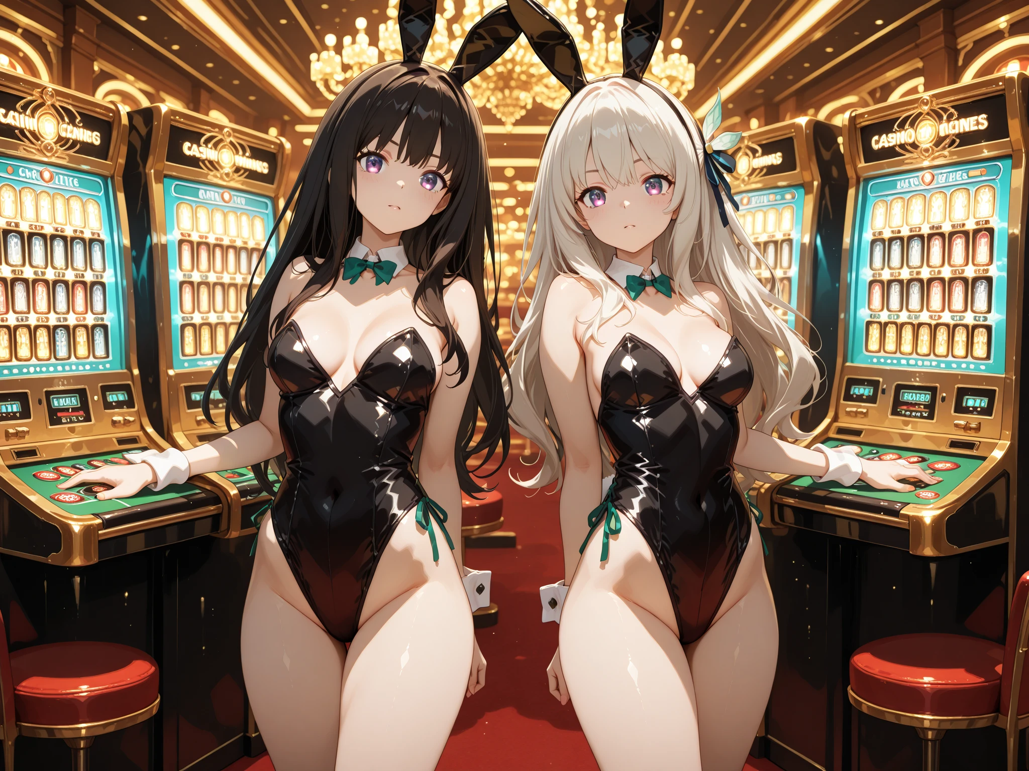 Anime illustration、highest quality、cyber punk、Luxury Casino、Voluptuous gravure idol、Brown skinned bunny girl、Giant Roulette、Bunny ears、Perfect proportions、Big Breasts、Thick legs、Beautiful, shining eyes、Blushing、smile、Cowboy Shot