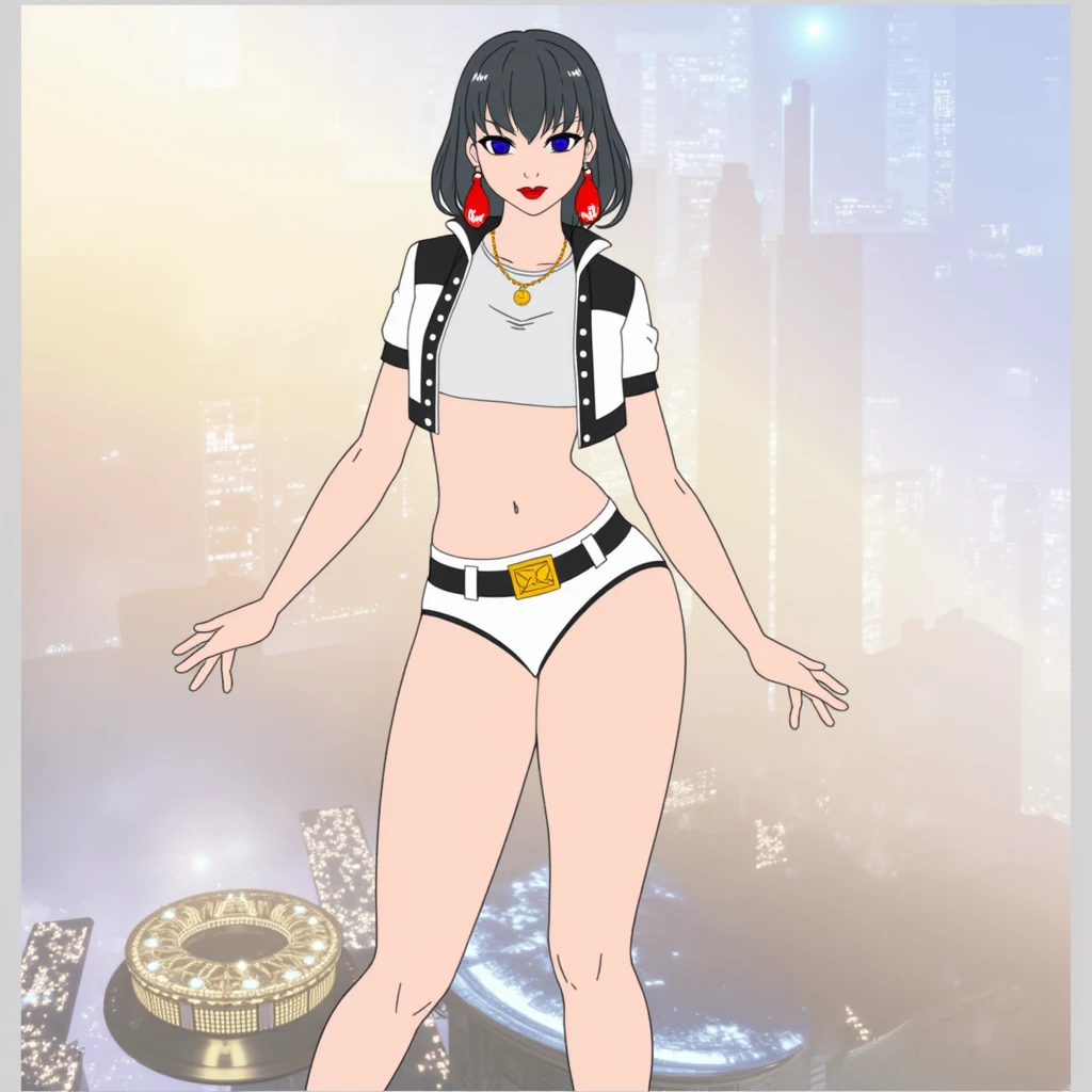 Japanese woman with layered haircut in white bra and white high cut panties, wearing lipstick, anime art style, intricate details