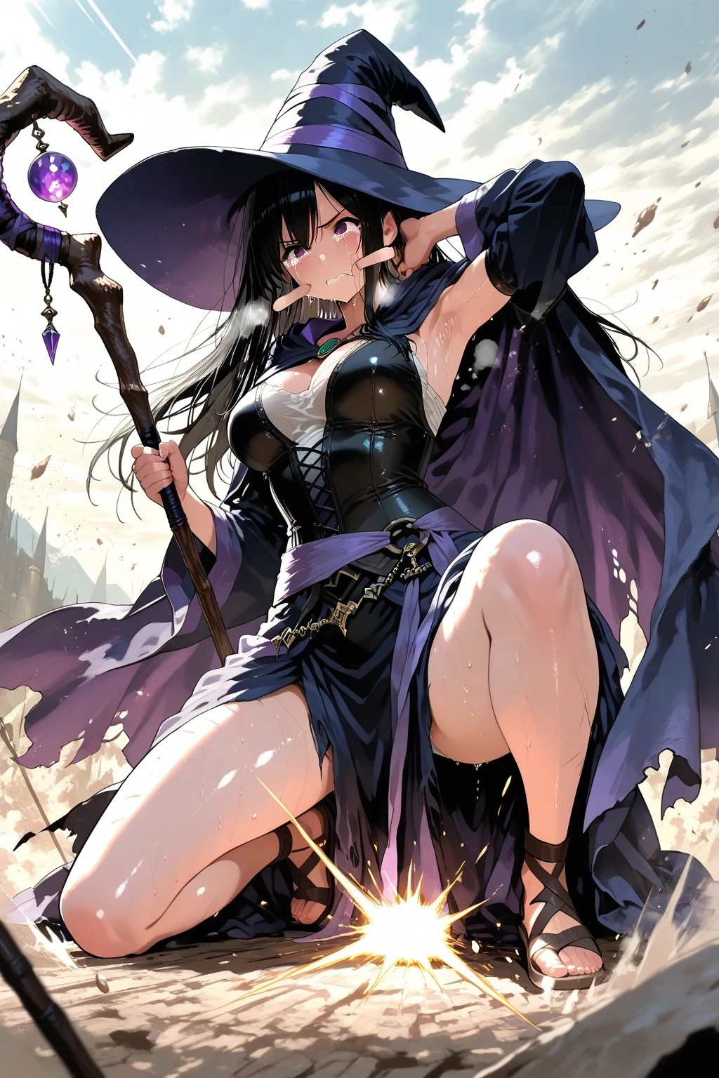 solo, 1 girl, 17yo, dark witch attire, dark witch hat, magic wand with blue gem, red eyes, (beautiful face and beautiful eyes:1.36), huge breasts, big butt, glamorous body, angle from back below