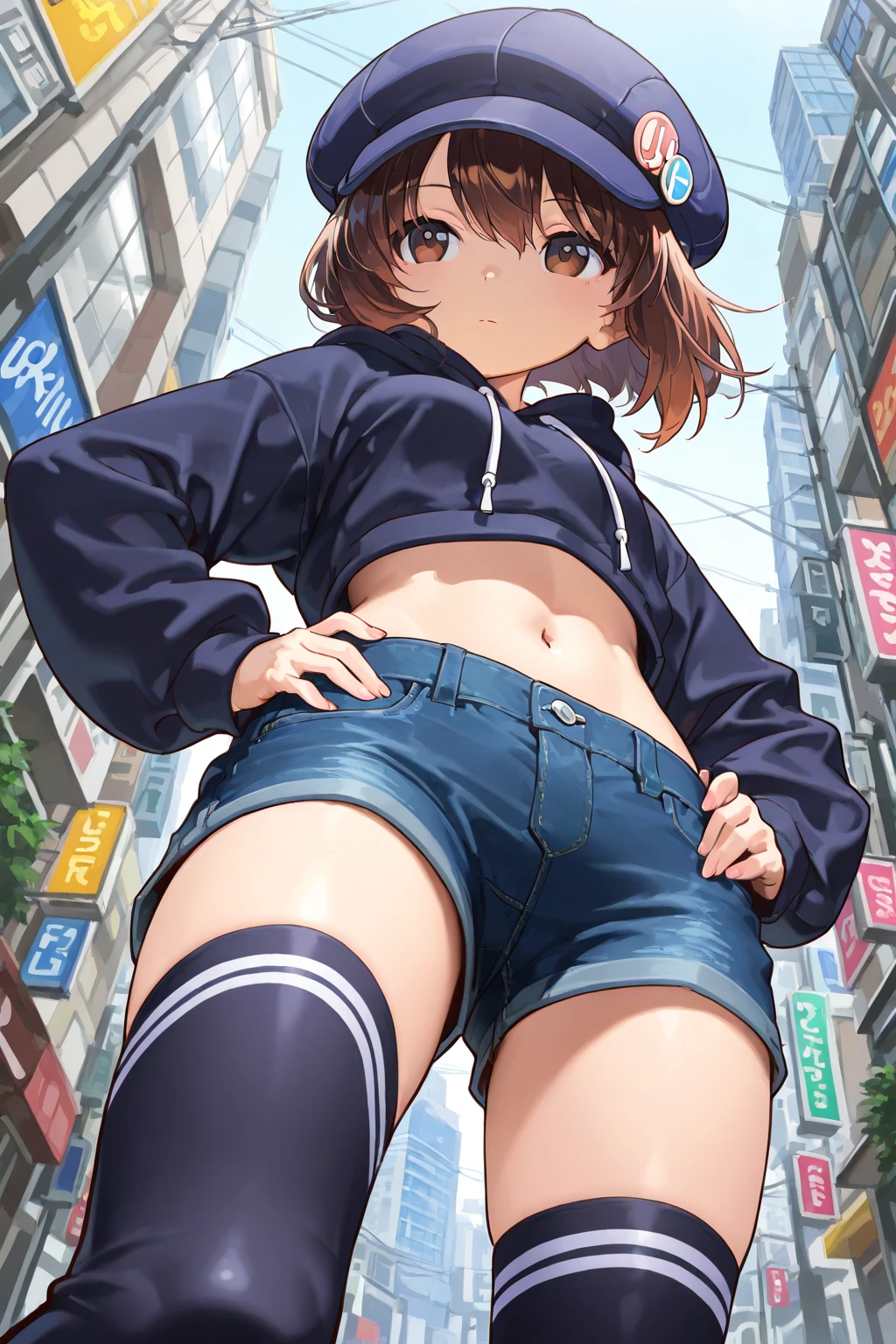 cheerleaders、Angry face、(blue shoes)、Angle from below、(At SFW:1.1)、(Black jacket)、Hands behind the head、(Sperm from the crotch)、((((Defecation))))、(Take off your jacket)、Sportsbra、Panties with horizontal stripes、Sweaty