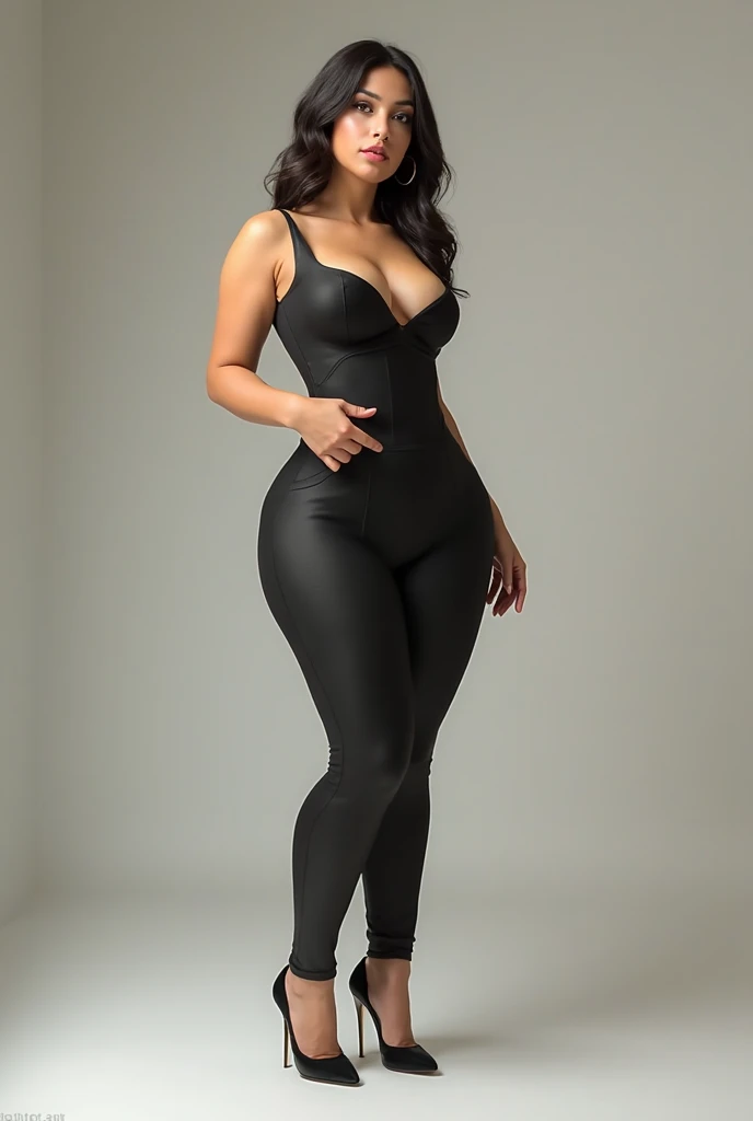 Show entire body, feet in view, Chun-li, sheer black pantyhose, barefoot, making a peace sign with her hand