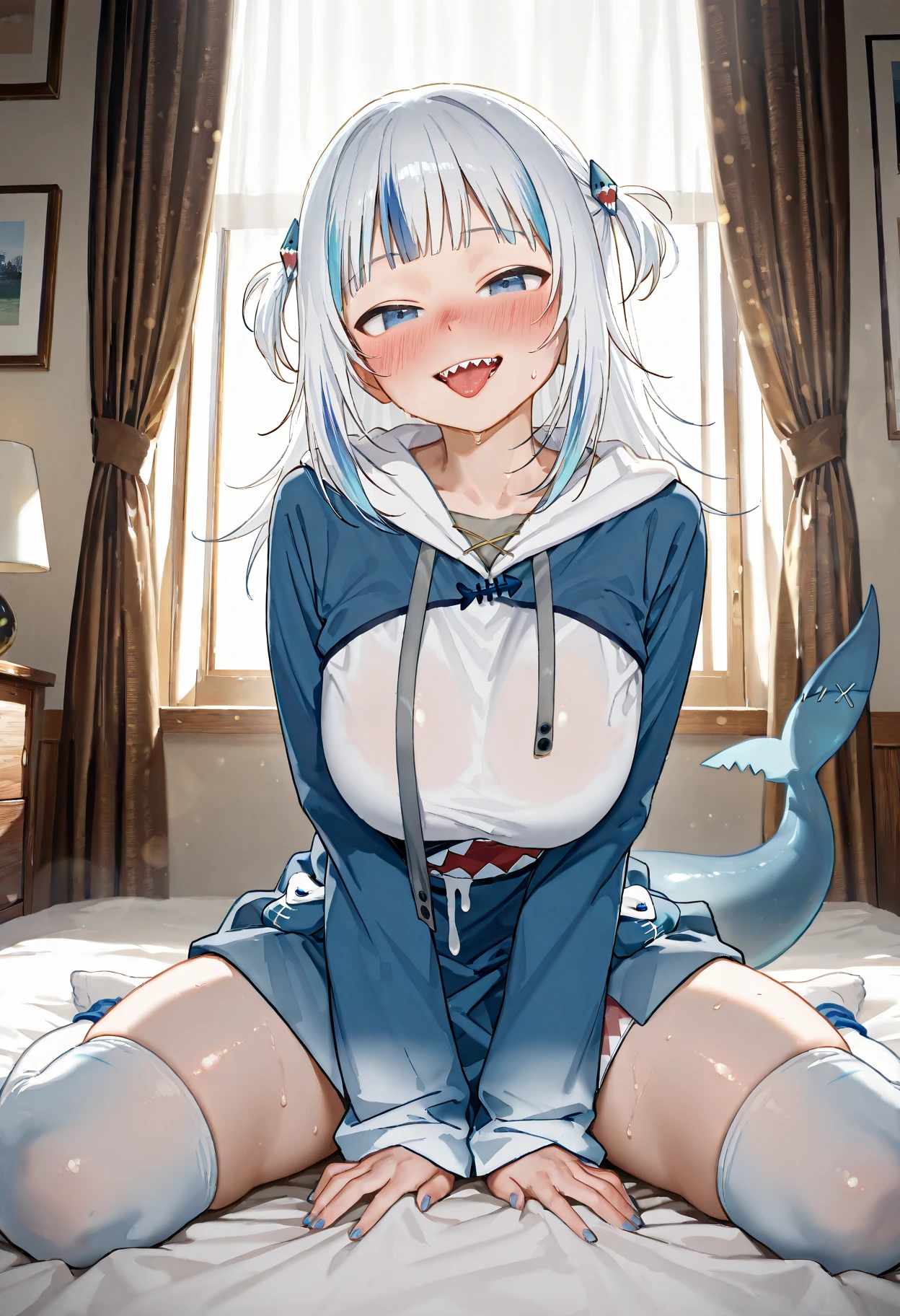 ((masterpiece)), (best quality), (detailed), (1 girl), <lora:NothingToSeeHere:1>, <lora:gawrGuraHololive_v2:1>,gawr gura, shark girl, shark hair ornament, blue hoodie, shark tail, shark print, :d, sharp teeth, standing, barefoot, bedroom