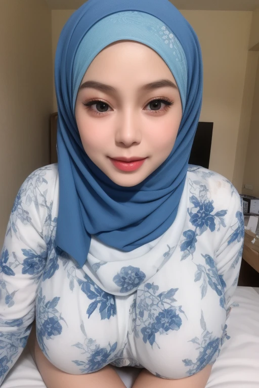 adorable, 1 girl, (face to face), 10 years old, baby face, happy, half body portrait, (face details: 1), (eye details: 1), ((big breasts)). wearing transparent softblue long shirt, hijab, .. Cute posed. proportional body. Ultra High Res. realistic: 1.4, UHD, (floral pattern)