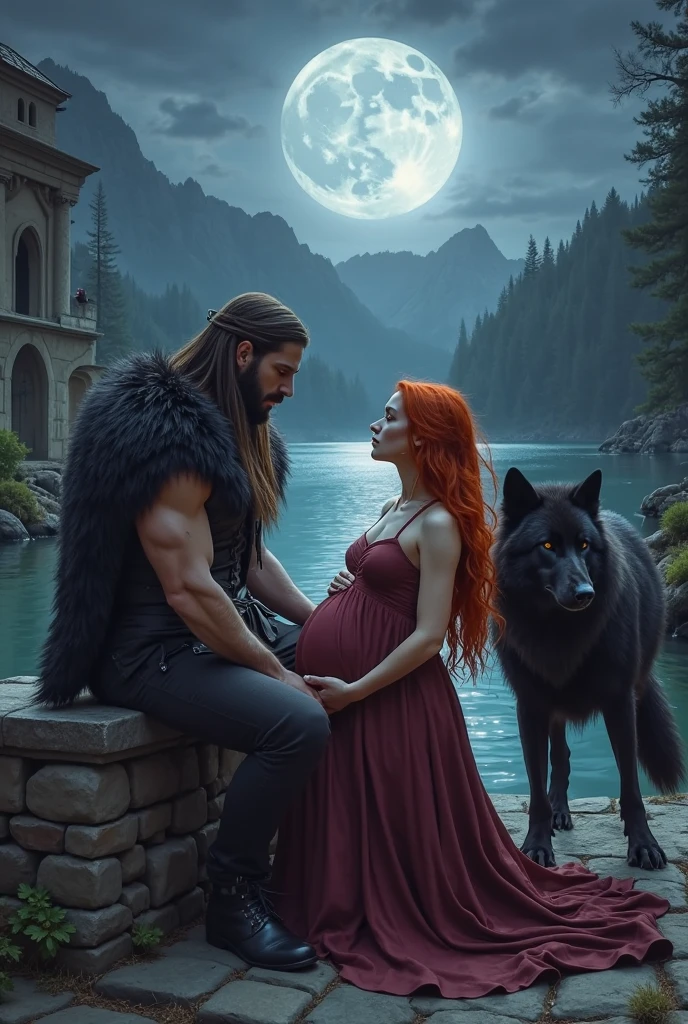 Couple pregnant woman with long hair strawberry blonde amber eyes wearing a beautiful white dress and a tanned man with short wavy black hair bright green eyes defined and tall body protective and extremely handsome with two children a with clothes in the middle of the couple and a baby with a little dress on the mother's lap ,in a dark forest in the moonlight with wolves