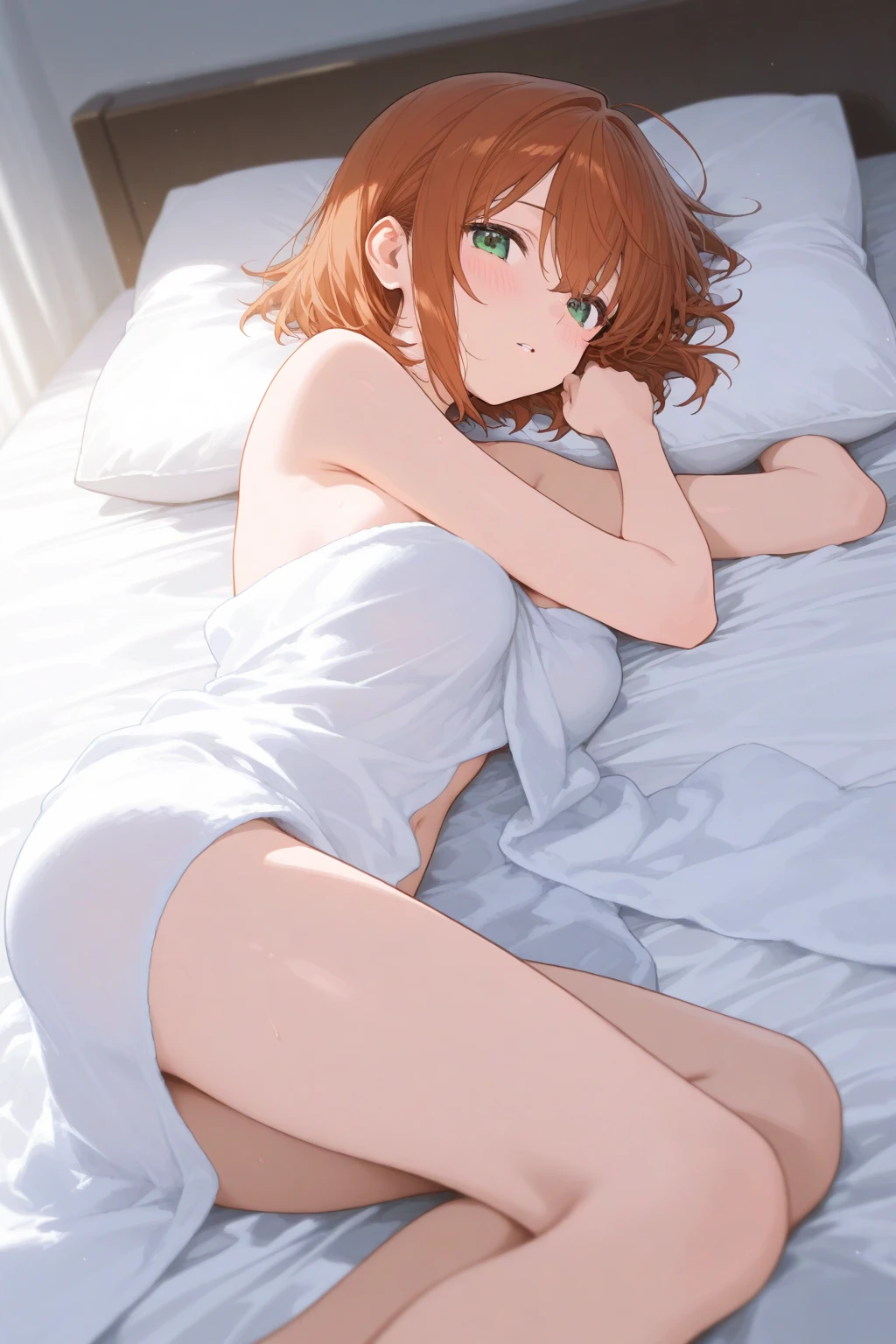 nsfw,uncensored,best quality,(masterpiece:1.3),absurdres,highres,16K, ultra high res, official art,illustration,extremely detailed, nsfw, (veiny penis:1.0), (large penis:1.3), (testicles:1.1), (1boy:1.2), (fellatio:1.6), (oral:1.0), kiss, (erection:1.2), 独奏 focus, from side, (beautiful detailed eyes), (1girl),(独奏),(idolmaster), (((Haruna))), (20yo, beautiful girl), (beautiful brown eyes),((((beautiful orange hair)))), ((short hair)), (((green rim glasses))), (wet hair), (wet skin), ((sweat)), ((steam)), (((flat chests,large breasts))), (one eye closed),single, (((gray sports bra and gray sports panty:1.3))), (perspired:1.2), (pubic Orange Hair:1.3),(open mouths,cum on mouths:1.2),1girl have kneeling,bed room,night time,,(bitch),(Commemorative photo:1.5),(spoken heart:1.7),(peace sign:1.5),(look at viewer),