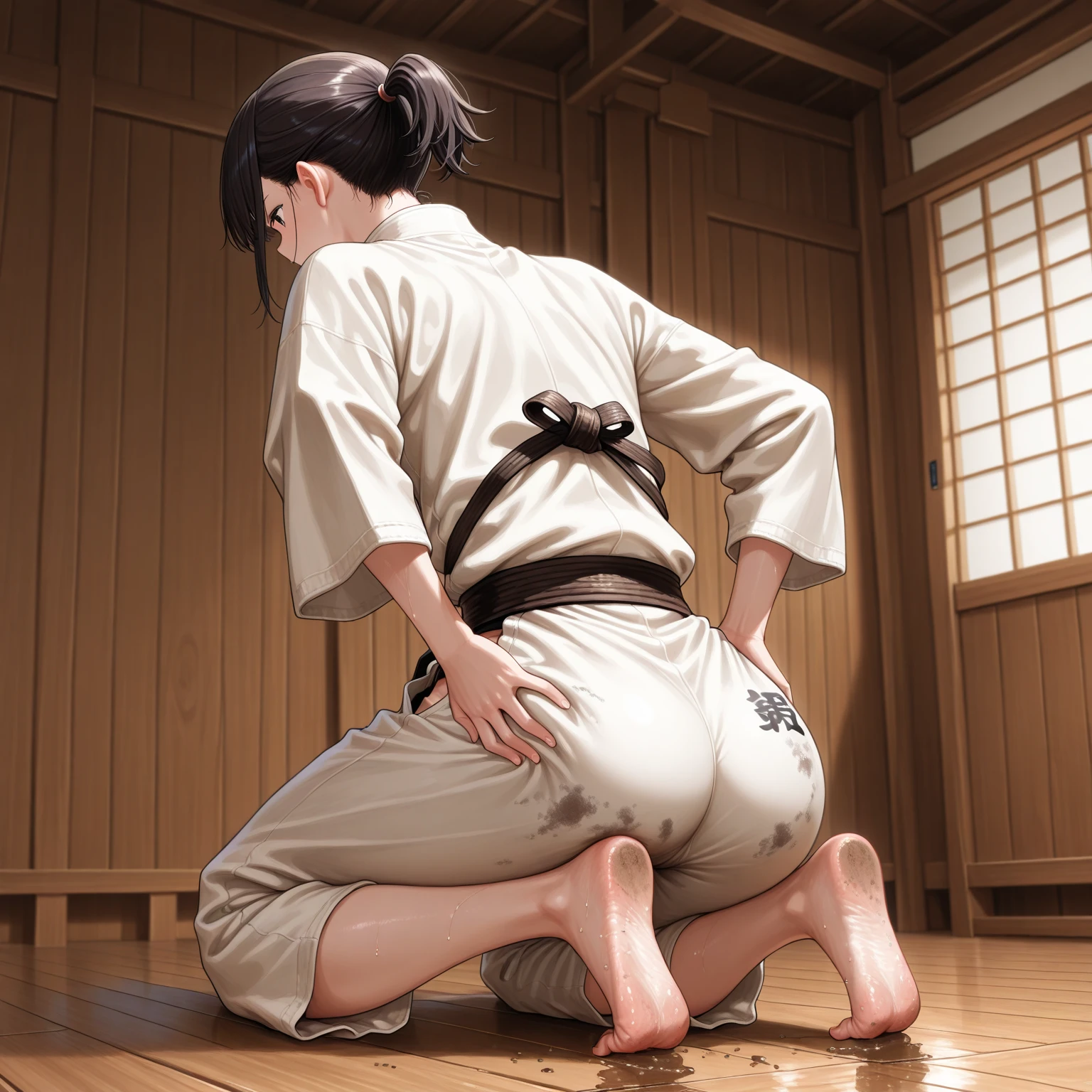 karateka girl, ponytail, kneeling, side view, blowjob, dojo, 3d, karate costume