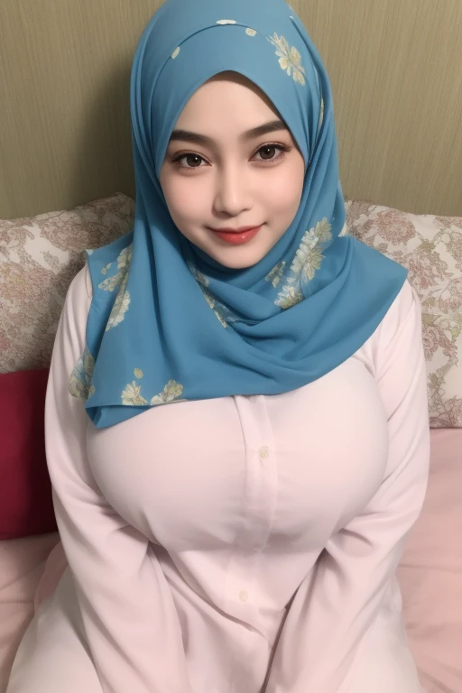 Chubby adorable, 1 girl, (face to face), 10 years old, baby face, happy, half body portrait, (face details: 1), (eye details: 1), ((big breasts)). wearing transparent transparency softpink long shirt, hijab, .. Cute posed. proportional body. Ultra High Res. realistic: 1.4, UHD, (floral pattern)