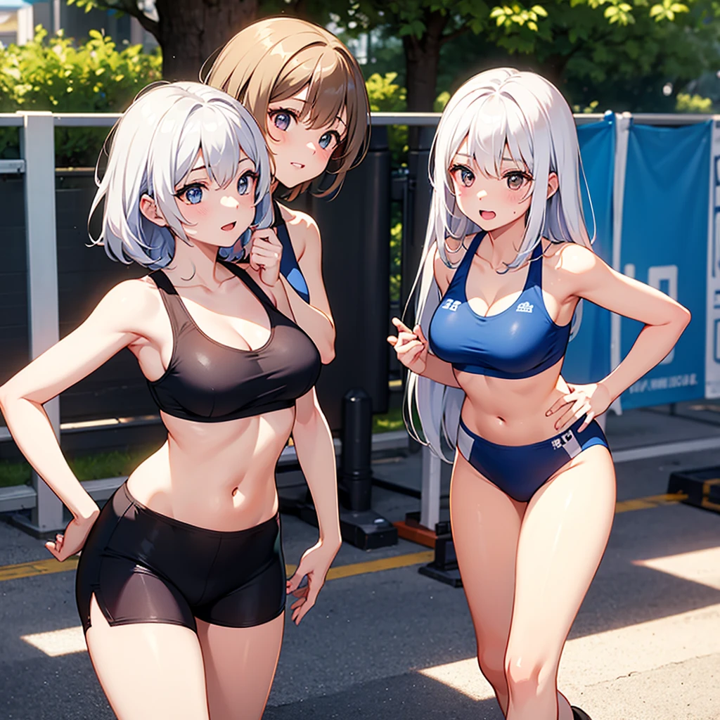 ((highest quality)), ((masterpiece)), (Cute Girl), (multiple girls:1.8), cute girls are posing for a camera outdoors in the water, shirtをつかむ, stand side by side, perfect face, smile, (open your mouth and laugh:1.3), shy look, (Precise fingers:1.3), hair band, headband, hair bobbles, blouse, shirt, I can see my underwear, (pastel colored underwear), high definition eyes, precise eyes, (high definition eyes:1.8), (high definition finger 1.8), light smile, small breasts, breasts, realistic, 4 years old, 5 years old, 6 years old, 7 years old, knee socks, short skirt, Asian, Westerner, silver hair, brown hair, blond hair, navel, jewelry, looking at viewer, necklace, water, small breasts, wet, long hair, short hair, abs, erect nipples under clothes, cameltoe