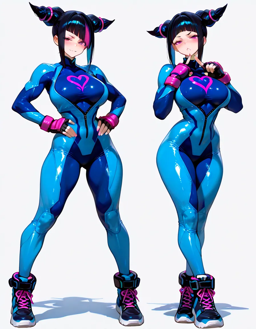 SF6 Chun-Li pose with both hand on hips booty at camera flaunting wearing Royal Blue shirt and thin grey Leggings thats the a exact same material as nitrile butadiene rubber gloves Thighs Buttocks Streetfighter Buruma Gravure shirt Japanese gym shoes pantyline