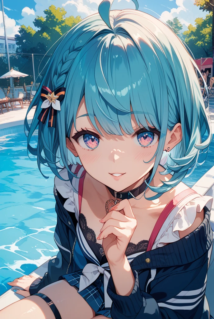 (masterpiece, best quality;1.3), ultra detailed, ooking at viewer, rem_re_zero, Facial close-up,blue hair, short hair, hair ornament, cleavage, detached sleeves, masterpiece, top quality, best quality, 1 little girl, swimsuit party, in the water,fish,watermelon,cute style, perfect structure, summer theme,