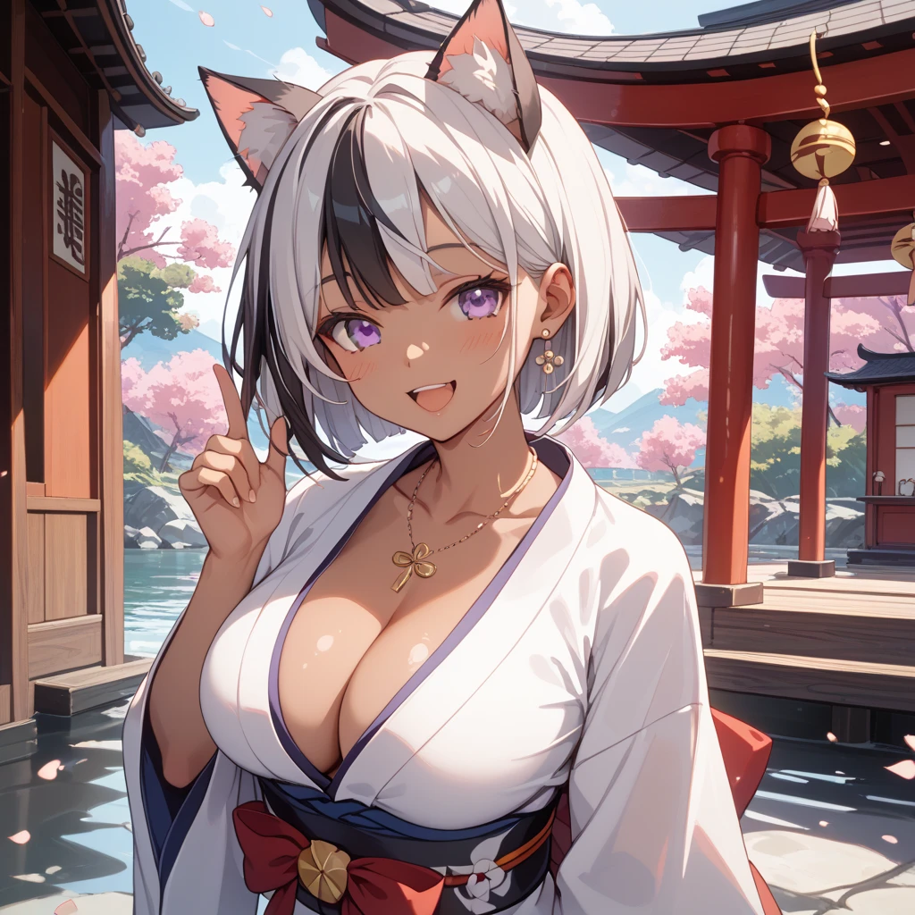 by Devil Hs, best quality, detailed, 
mammal, female, three-quarter portrait, front view, looking at viewer, 
1girl, ((thinbody:1)), intricate, kimono, (eyeliner:1.2), looking at viewer, bob hairstyle, white hair, jewelry, detailed background, breasts, detailed hands, correct hands, correct fingers, 
(Sharp focus, masterpiece, 8k, intricate artwork, hyper detailed, high detail),
