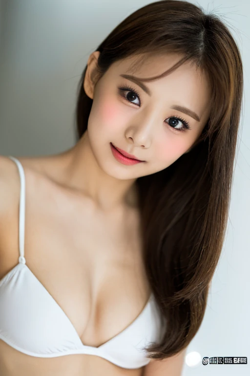 ((Best picture quality, 8K, tmasterpiece:1.3)), 1girll, Beautiful woman with slender abs:1.3, (Casual hairstyle, :1.2), Low-cut bra,Wet bra,Super large,The skin is very white,Ultra-fine face, A detailed eye, 二重まぶた,ssmile。Take pictures in cute poses,The figure is very bad,tiny small waist,Super big breasts,Close-up,Close-up chest,White-skinned,The background is casual,Close-up Shot Shot