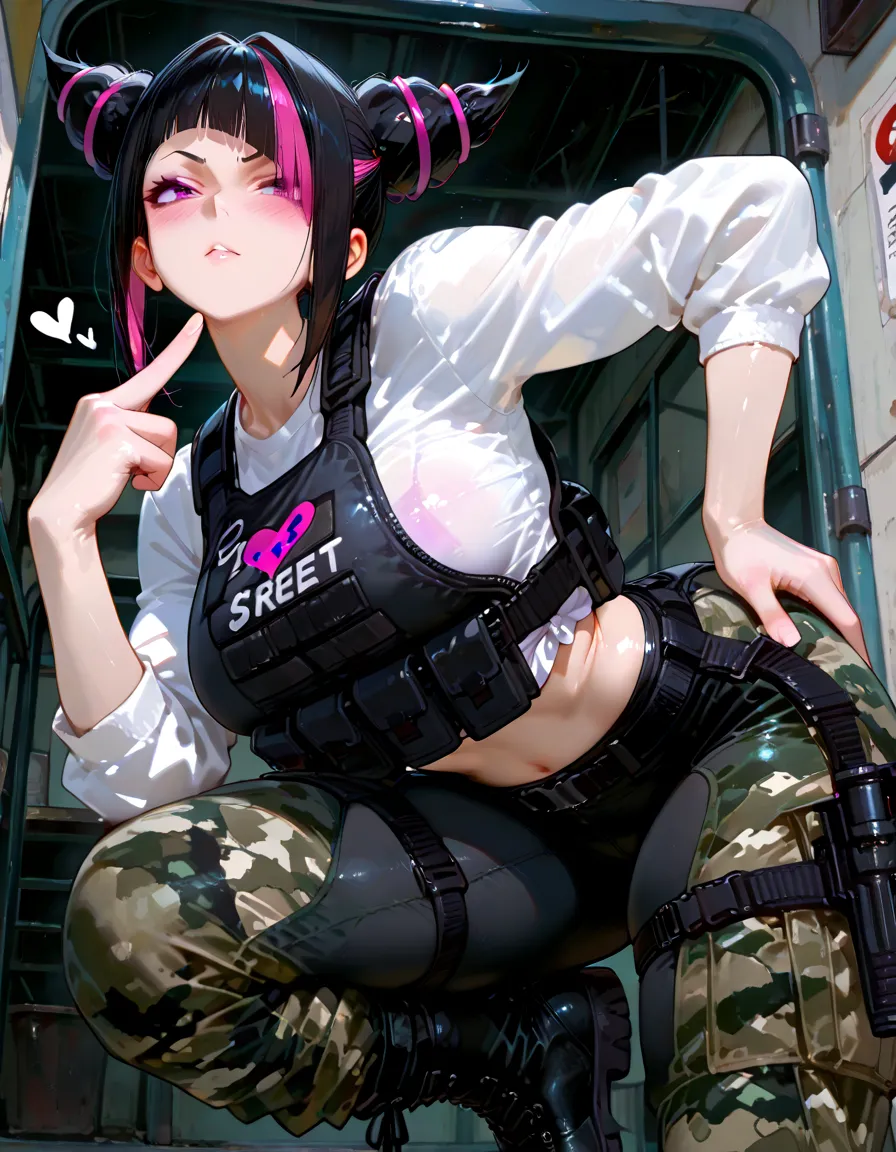 there is a woman covered in full body techwear cloths, gamer girl with braid and pink hair, ig model | artgerm, korean girl, (Best Quality, 8k, 32k, Masterpiece, UHD:1.3), (Photo of Attractive Japanese Woman), 1 Girl, ((Big Boobs:1.1)), Abs, Perfect Body, Ultra Detailed Face, Detailed Lips, Fine Eyes, double eyelids, (seductive), ((aroused:1.9)), ((in heat)), ((milf)) sexy girl, busty, beautiful asian girl, jaw-dropping beauty, posing for a picture, gorgeous maid, seductive tifa lockhart portrait, a hyperrealistic schoolgirl, hyperrealistic schoolgirl, tifa lockhart, sakimichan
