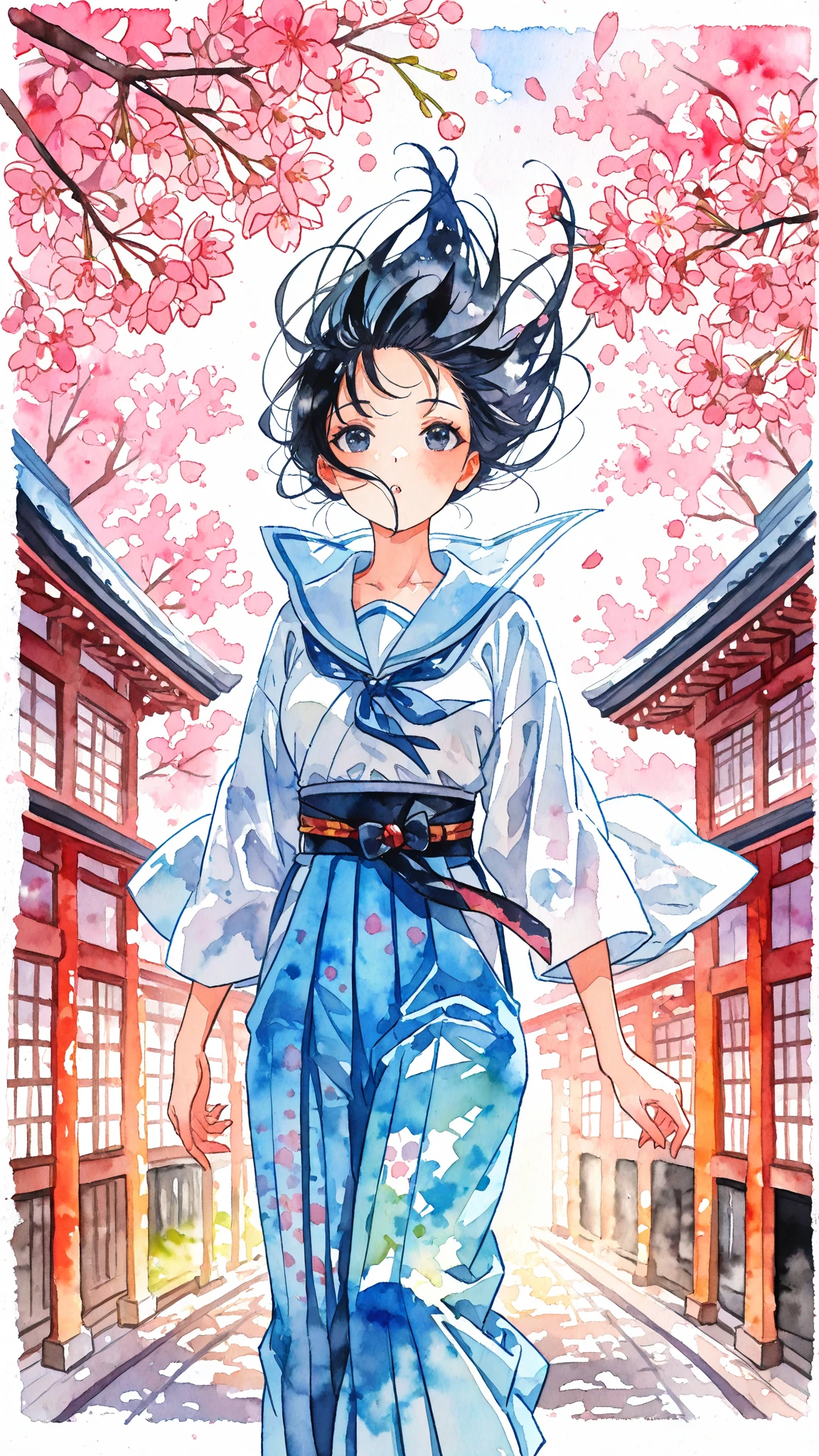 (((Watercolor-style))),(((Watercolor))),((no-outline)),((no- borders)),Blurred,Colorful,1girl, japanese school uniform, kimono elements, hybrid outfit, sailor collar, hakama skirt, long black hair,standing,Beautiful expression, wind blowing hair, traditional Japanese architecture, cherry blossoms falling, dramatic lighting, sash belt, atmospheric perspective, detailed background, dynamic pose
