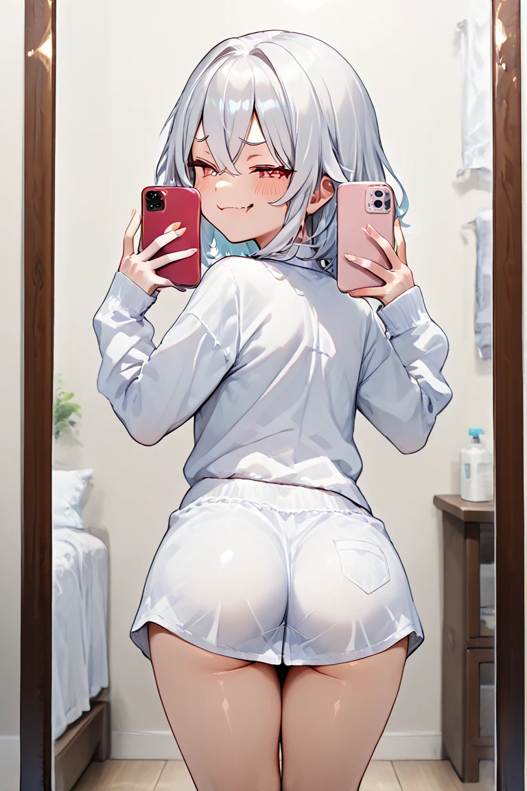 30 year old lady taking a photo of her ass in the mirror, having a top on over the top, She has a thong that reaches just above her hips.