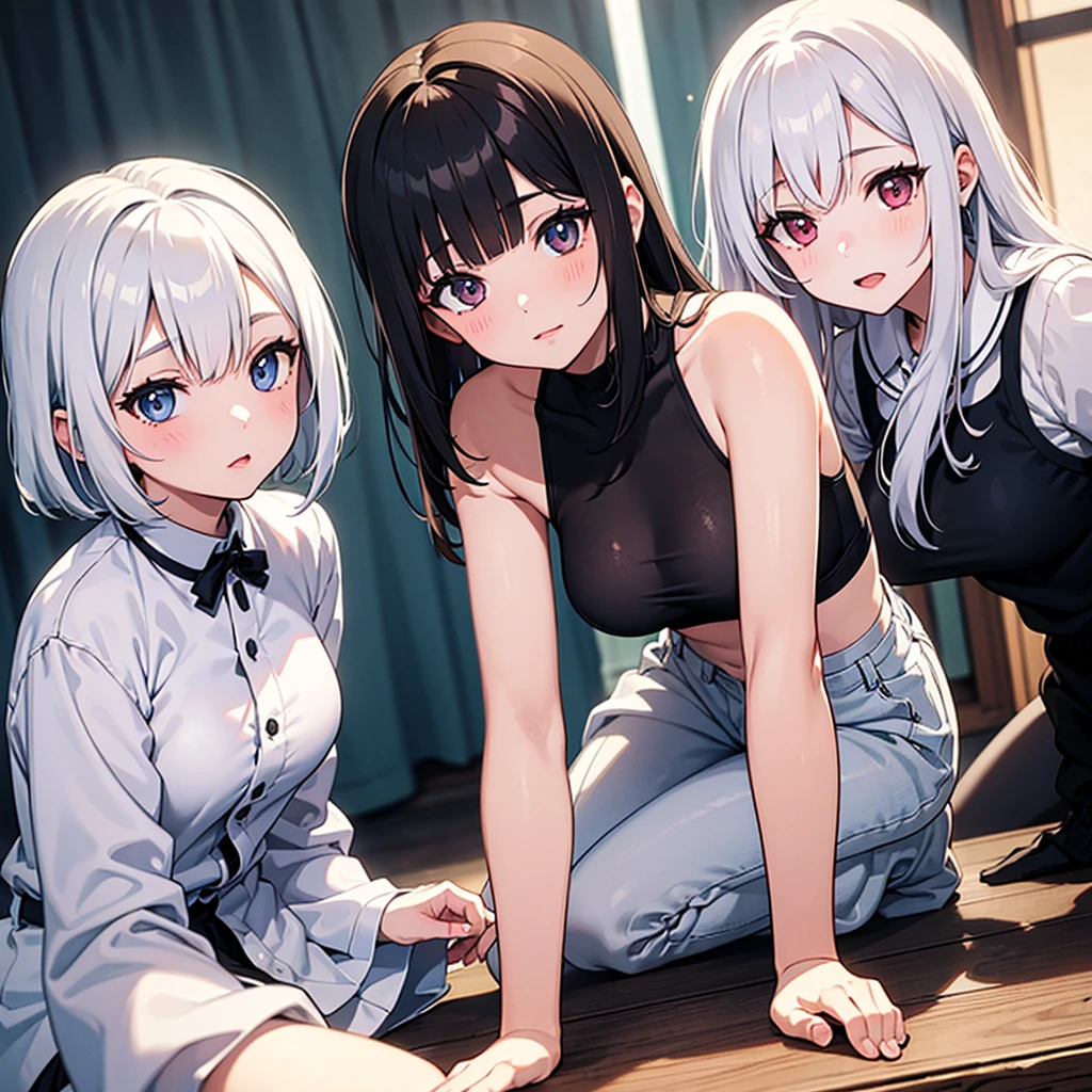 ((masterpiece, best quality, ultra quality, high quality, hyper detailed, intricate detailed, perfect anatomy, shiny skin, cowboy shot,)), (3 women:1.5), cute women are posing for a camera, (indoors, bed, pillow, from side,) (on bed), (Lifting SHIRT:1.3), (open your mouth and laugh:1.3), ray tracing, ((tits)), (small nipples), nipples, breasts, hair band, headband, hair bobbles, blouse, shirt, (line up in a row), 12 talents、13 years old、14 years old、15 years old、 Asian, Westerner, silver hair, brown hair, blond hair, navel, jewelry, looking at viewer, necklace, long hair, short hair, (abs),(Depth of the bounds written), panties,
