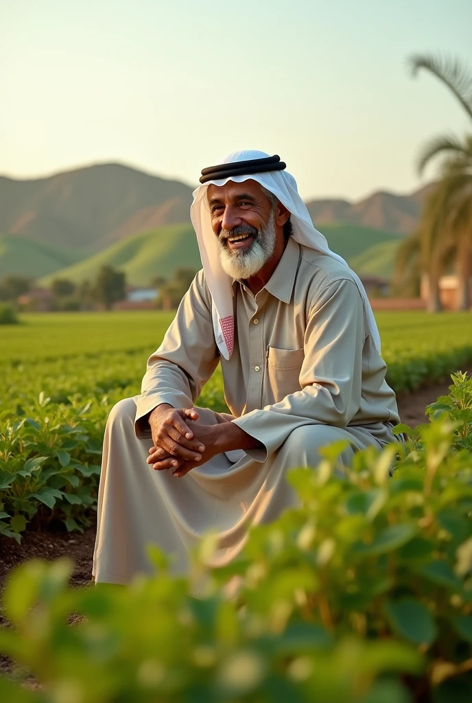 A realistic image of a modern. An old islamic man is thinking of starting a paddy field