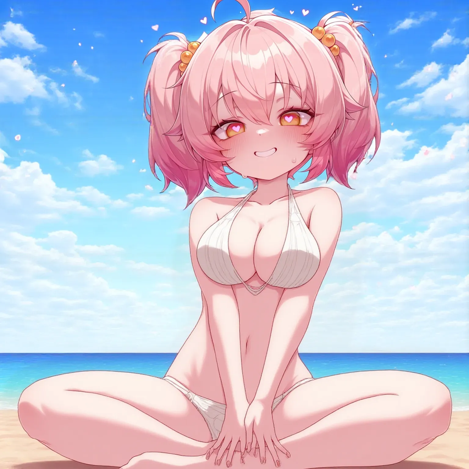 anime style, POV view, yui \(princess connect!\), mature female, heart pupil, Big chest, nude, Mouth trembles, shaking, sit down, man body, very wet vagina sex, beach, blue sky, Volumetric light, Volumetric particles,