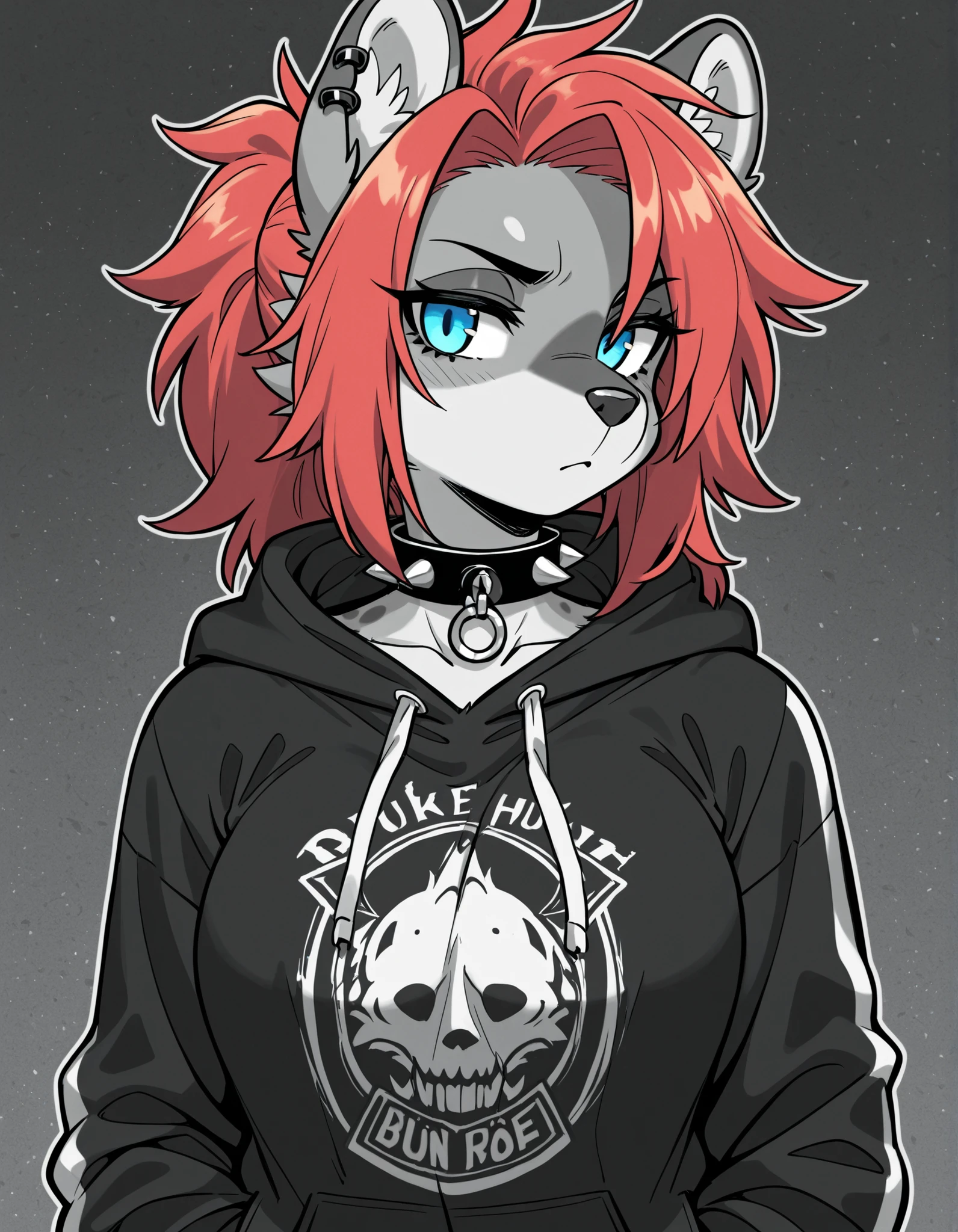 greyscale, monochrome,, 1girl, solo, anthro hyena, furry, furry female, blue eyes, punk, grey fur, black hoodie, breast, spike collar, red hair,