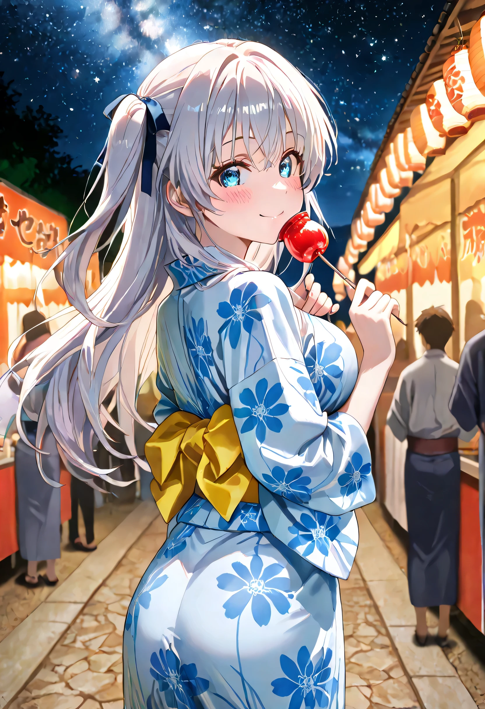 (ultra-detailed)), (highly detailed CG illustration), (best quality:1.2), ultra-highly detailed, colorful composition, artistic photoshoot, 1girl, solo focus,  cowboyshot:1.3, moe anime character, girls, round face, rounded chin:1.2, short stature, blue eyes:1.3, sagging eyes:1.3, silver hair:1.3, long hair, two side up,  hair ribbon with black, ample breasts, blue yukata clotch:1.2, Short length yukata, gentle smile:1.3, blush:1.3, eating a Candy apples, blurry background, Japanese summer festival, blush, smile, from behind, butt focus, looking at viewer, looking back, night, night sky, outdoors, sparkle,
ultra-beautiful girl, fluttering hair, best quality, masterpiece, night:1.3, Beautiful night sky:1.3, milky way background:1.4,  Sparkling star, dynamic pose, from side, expecting, pink cheek, light pink gloss slip, portrait, depth of field, soft lighting, sidelighting, moonlight, lighting, caustics, ray tracing, perfect face, lustrous skin, highly detailed face, highly detailed eyes, perfect face, perfect nose, perfect hair, perfect eyes, perfect anatomy, beautiful hair, beautiful small face, extremely detailed face, beautiful detailed eyes, beautiful clavicle, beautiful body, beautiful ample breasts, leavage, breasts squeezed together, equalize the size of the left and right breasts, beautiful thin thighs, beautiful legs, beautiful fingers, 4fingers, 1thumb, lovely, (very detailed background:1.0), (highly detailed background:1.0), summer aesthetic, intricate details, universe atmosphere, summer night sky colors palette, chromatic aberration