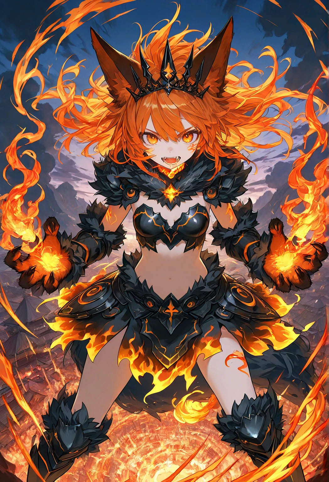 (infernal darkness beautiful girl fiery eyes), ((infernal darkness)), ((gold power armor)), blood, (black magma)