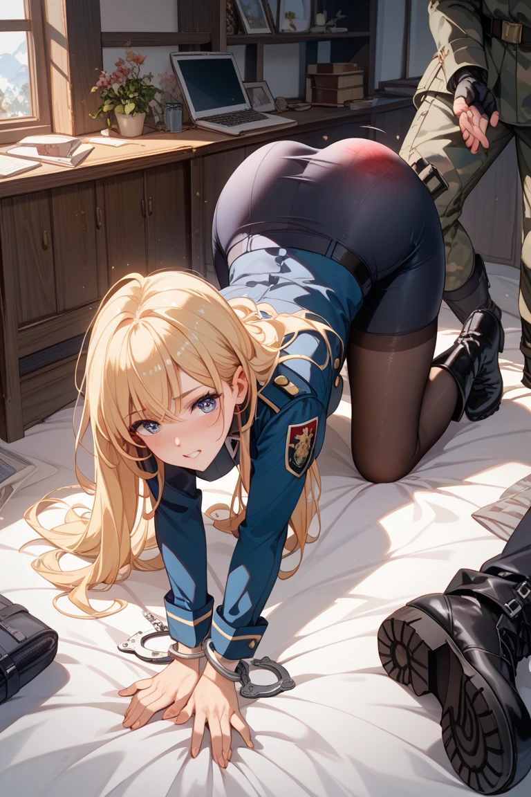 1girl, thighhighs,solo, thigh boots, white shirt, black skirt, black footwear, (((masterpiece,high resolution,best quality))), solo, bent over, on table, blonde hair, looking at viewer, open mouth, solo, blush, wet clothes, heart, wet, (beret :1.8), short hair, (iwanagakotoko:0.9), pervert, white panties, ass, from behind, fullbody, beautiful ass, beautiful thighs, beautiful panties, hands on table, school, classroom, desk