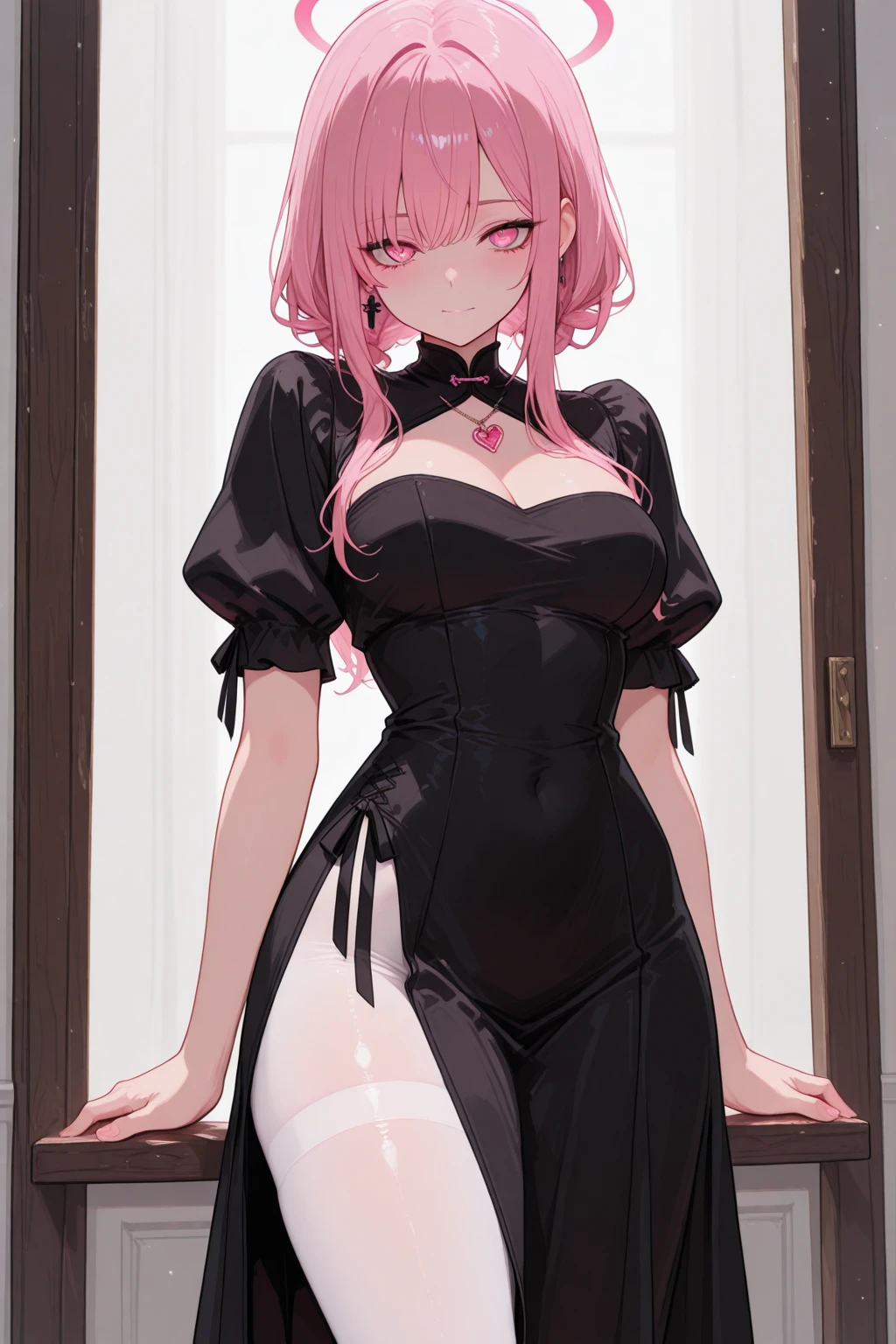 A pink haired woman with violet eyes with an hourglass figure in a gothic sweater dress is walking through a garden