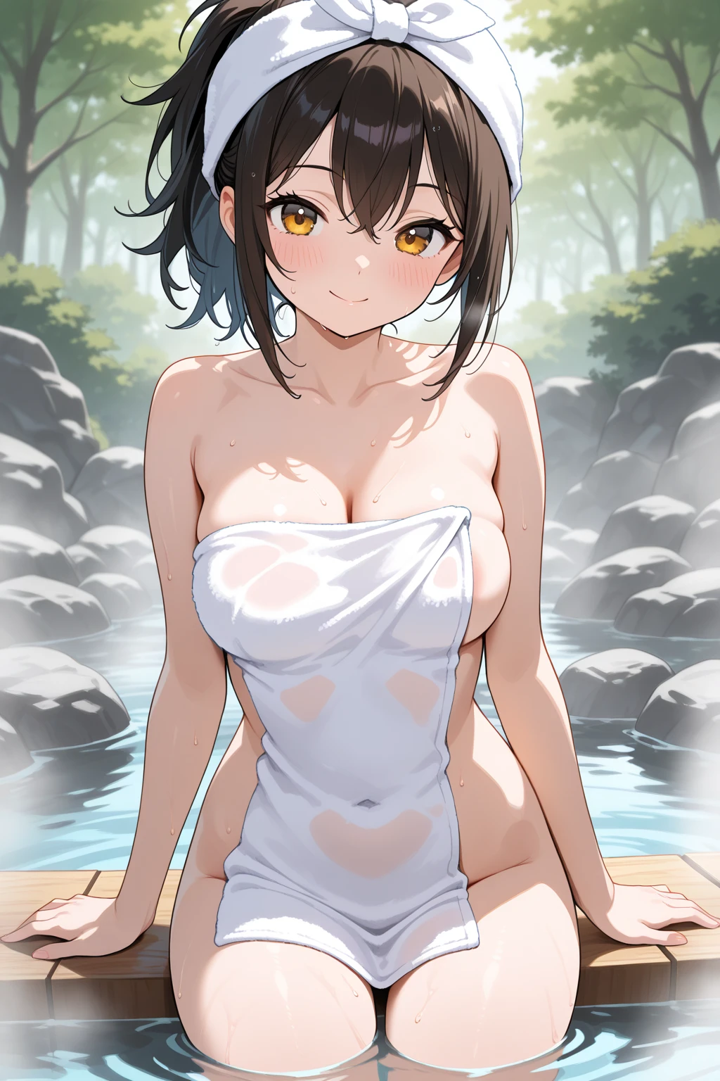 (masterpiece), best quality, (16k), expressive eyes, perfect face, lady, 1 girl, solo, large breast, navel, (((topless))), (((wet cobalt blue solid pencil mini skirt))), bare arms, bare legs, shiny skin, wet body, outdoors, in the onsen, wading, brown hair, wet hair, Lower ponytail, brown eyes, :), standing, (cowboy shot), ((from front)),