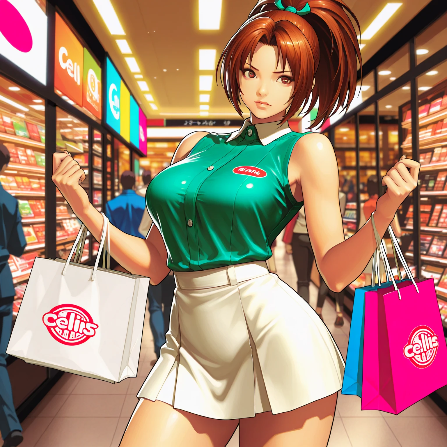 Masterpiece, best quality, Masterpiece, best quality, 1 woman , pink hair , purple eyes , sly face , black bikini , big breasts , abdomen , Long legs , Put your hands on your hips..... , Barefoot , full body , convenience store ,