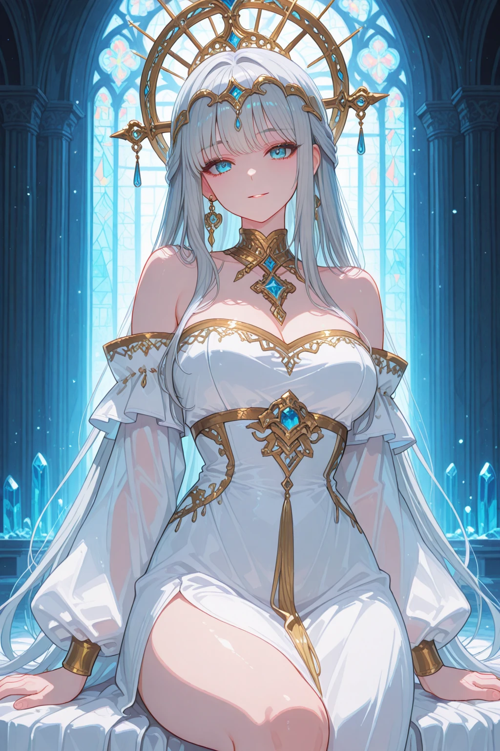 One Girl, Long Hair, Light Hair Color, Captivating eyes, Mysterious look, Mature Appearance, Attractive dress, loose fitting dress, Elegant Jewelry, Elaborate decoration, Magic symbols, Glowing Accessories, part, scroll, Cute accent,ribbon, Magical Effects, Crystal Jade, Particles of light, Rubik'square,