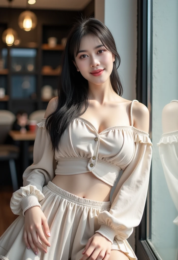 Woman sitting on sofa,A red bow is worn on his head, korean girl, Full body cute young lady, Wearing a cute top, gas station trends, casual clothing style, White fluffy suit, young cute girl, beautiful young girl, wearing white skirt, wearing white clothes, Korean fashion model, white top, Wear a crop top,show breasts,Show cleavage,V-neck,Sexy,looking at camera,V-neck