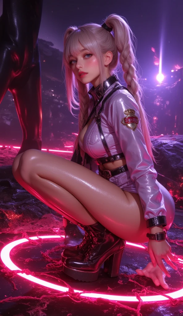1 female, (masterpiece, highest resolution, highest quality, Unreal Engine: 1.5), realistic two-dimensional, well-formed face, beautiful eyes, beautiful body, ultra-detailed hands_fingers, medium breasts, cleavage, {long pink hair_ ponytail}, black shirt, black suit, heels, character close-up, countryside, old house, night, beautiful starry sky, 2 shooting stars, looking up at the sky, sitting, crossing legs, {1 cigarette, between index and middle fingers pinch}, {smoke from mouth}