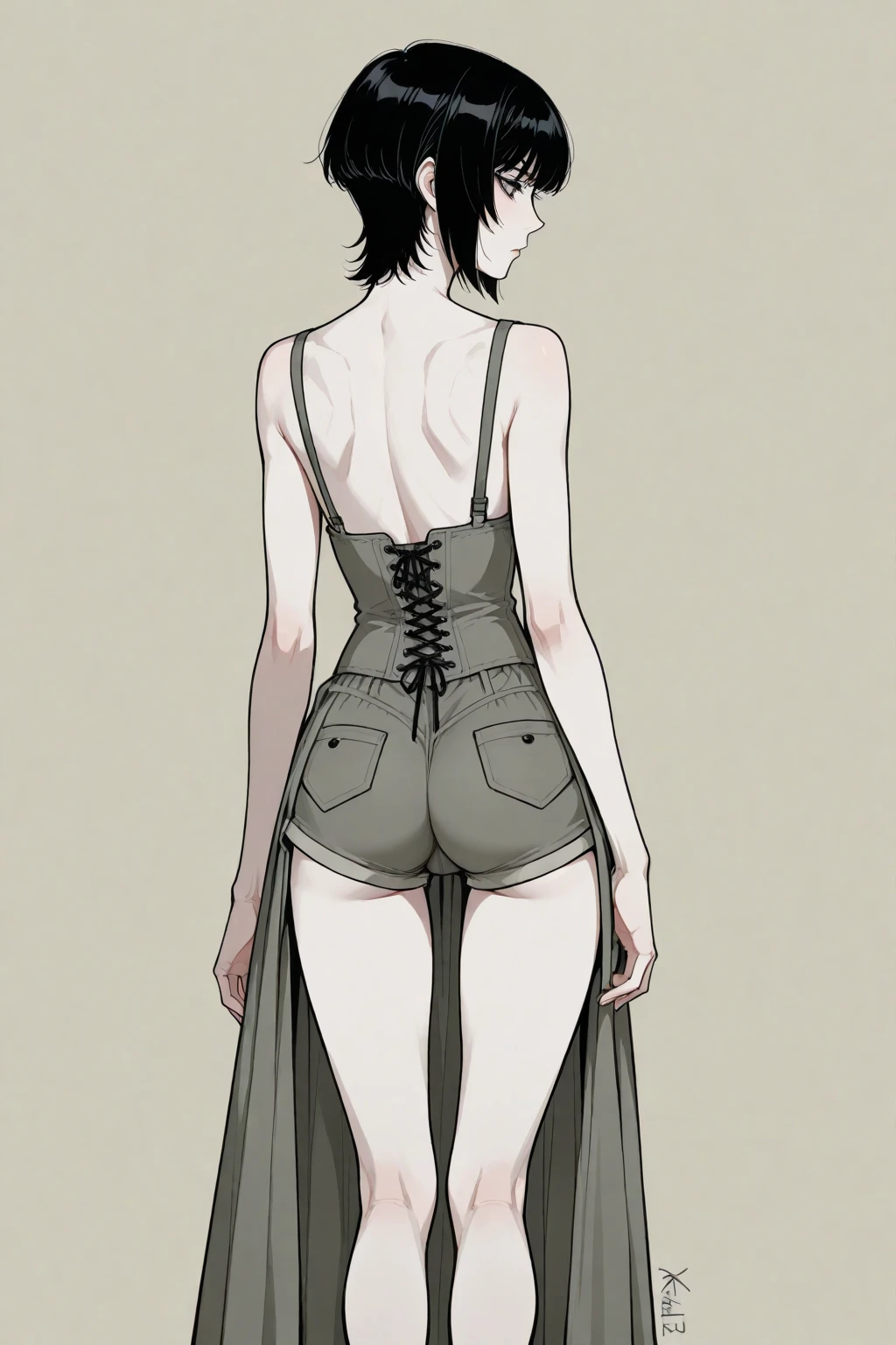 Fastening bra straps, rear view, woman, line drawing, black and white, hands around back, removing bra, dress shirt, black jeans, Japanese