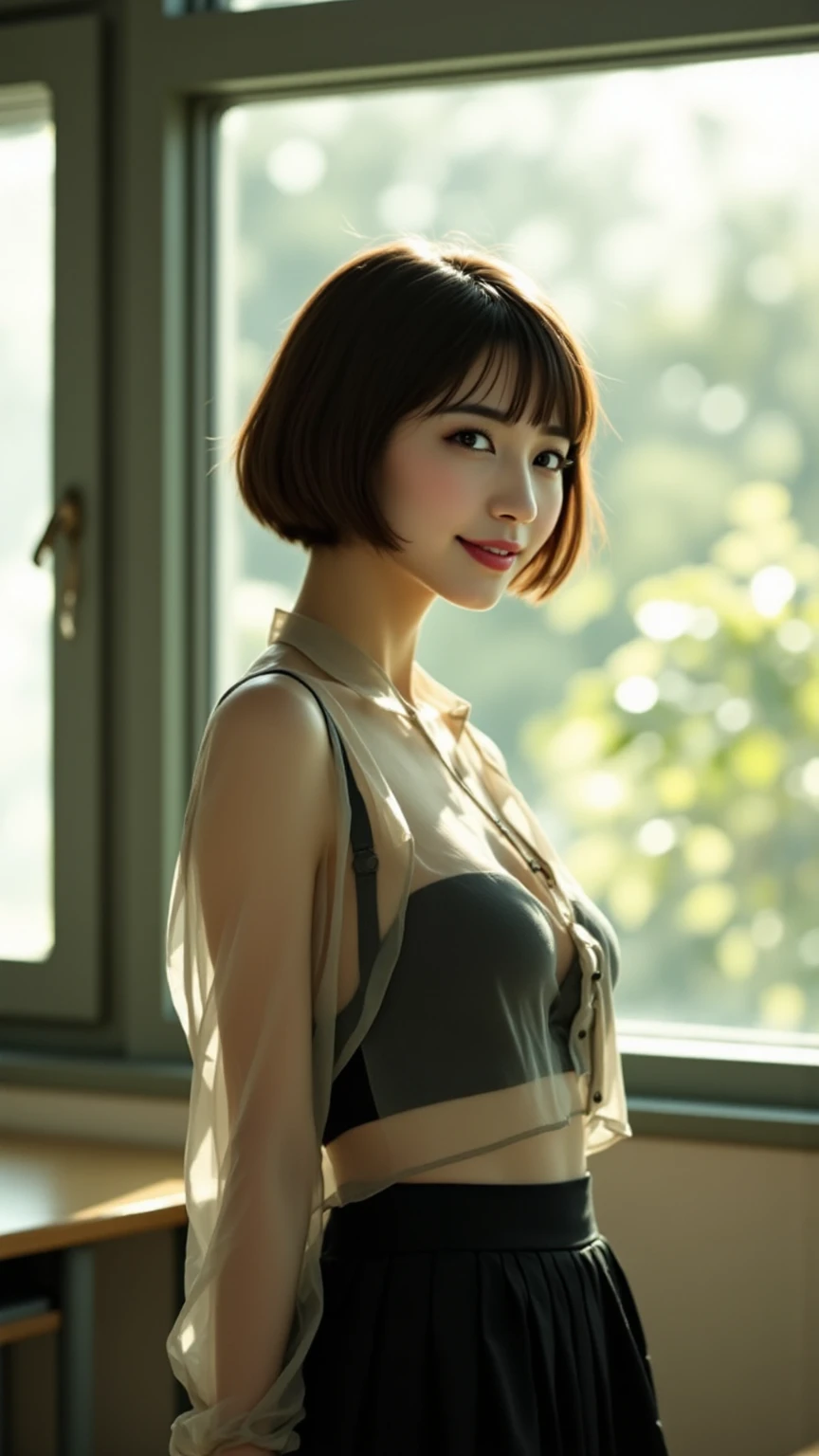 highest quality, masterpiece, High resolution, 1 girl, beautiful and perfect face, bob layer cut, red bra, stand next to a bright window,clean underarms, intricate details, movie-like atmosphere, 8K, very detailed, big, top view, cowboy shot, from the waist up, , Natural light, big chest bulge, angle from the side, smile,