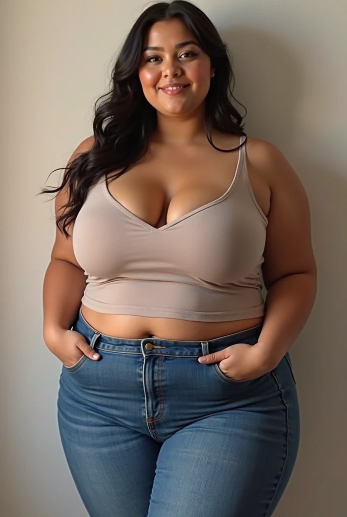 Beautiful sensual and erotic woman with curvy body, cheveux longs et noirs, frange, (double bun), ((big curvy body,)), Taille la plus large, thick, beaux seins bi ajustés, Curved Accented Loot, detailed sparkling olive green eyes, les yeux sont vert olive, long cils, sourire sensuel, cuisses thickses, sourit avec incertitude à la caméra, ((wearing a see though crochet crop top, pants,dark blue color, see tits,)), bracelet, photorealistic, chef-d'artwork, Bokeh, volumetric lighting, ambiance sensuelle, Full body view, smile, (big ass),