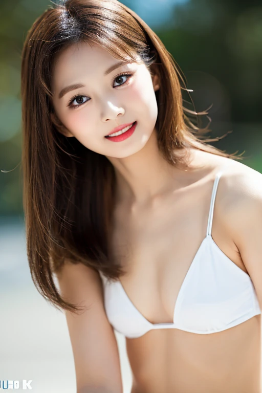 The adorable picture features a beautiful Korean girl with a charming smile.., His charm shines through as he proudly shows off his six-pack in full standing pose... He wore a sexy white bikini that highlighted his figure., He stood in the middle of an outdoor environment.., Bathed in the golden light of a beautiful day. With unmatched attention to detail., This photorealistic image combines the style of National Geographic.., Capture every detail of his textured skin in 8k resolution.. Leica digital SLR camera. His appearance was clearly visible.., Make this image a true masterpiece...lift. (8k uh、raw photography、Photo-realistic images Leica Digital SLR、realistic picture)