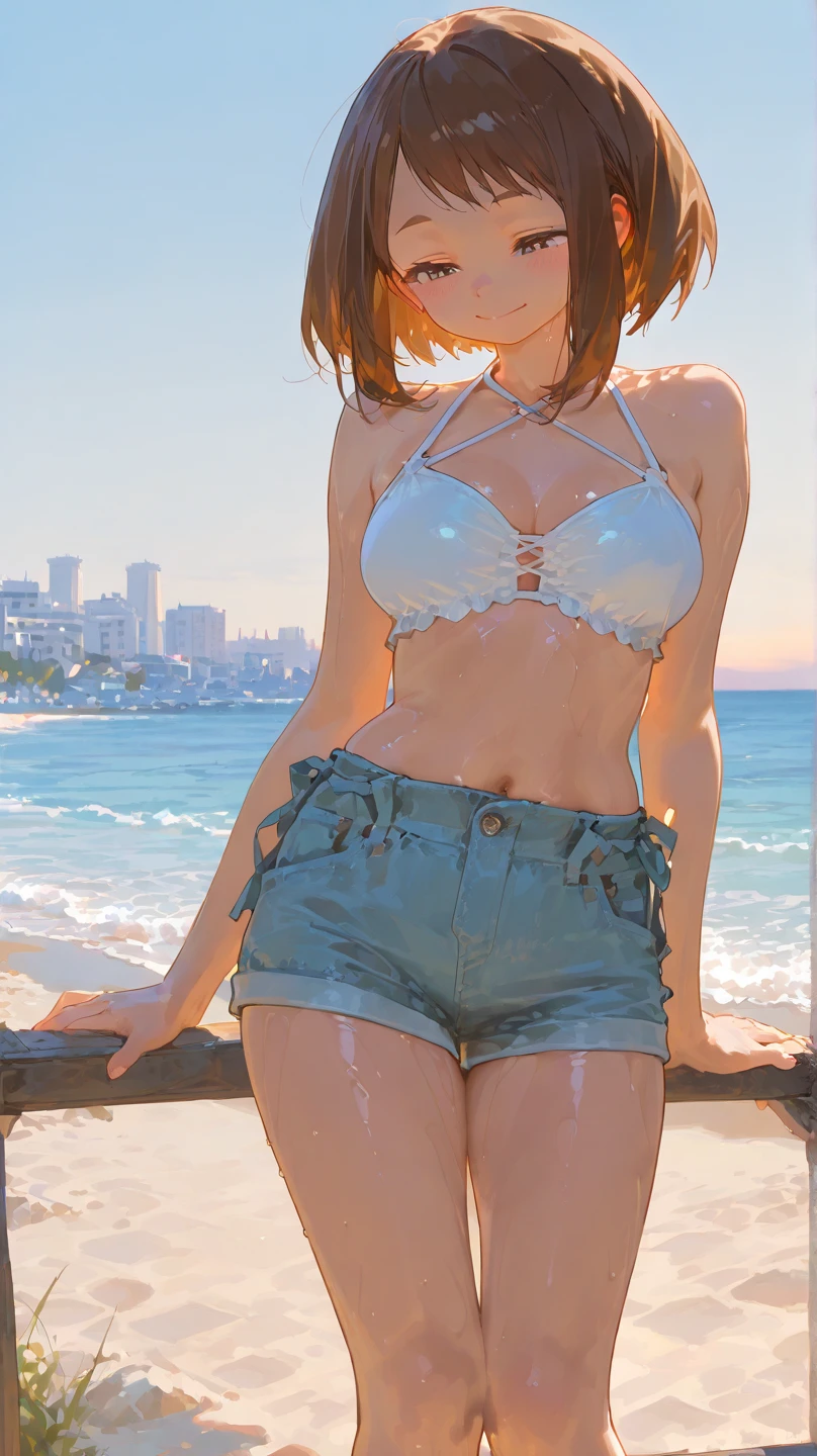 (8K、Highest quality、Highest quality、masterpiece)、Detailed face、One Girl、(Brown Skin:1.2)、Long Hair、Red Eyes、Serious、(Bikini top Only、BikiniTop、Bikini Top、Denim hot shorts、Open Shorts、Unziped shorts、Mini jeans Shorts、No Panties、NoPanties、Spread pussy、heart cutout)、labia view、Beach、cloud、vagina、Pussy Lip、Wedgie between Pussy Lips、Big Breasts