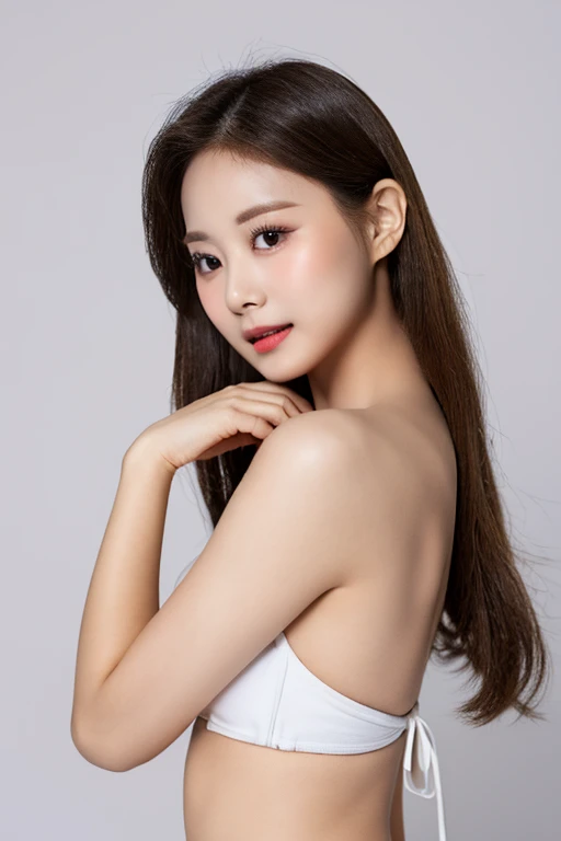 Kwon Eun-bi is a 28-year-old South Korean young adult. Wolfcut blonde hair. Her face is slightly shorter than it is long, her chin is rounded, and her forehead and jawline are soft and curved as well as having balanced proportional with a small sign on the right side of your lip and one above your nose. Large, brown eyes are expressive and captivating.
Clear, radiant skin. Charming shy smile, her curved lips and contagious smile light up her face.
Medium height and a natural body made up of proportional curves.
She wears a Black spaghetti strap dress that highlight her beauty, elegance and curves.