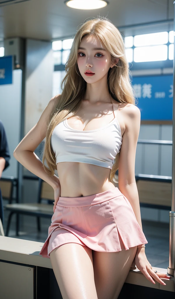 Girl posing for photo wearing (light pastel pink bra: 1.7) and (cotton see-through white shorts: 1.8), arms behind her back, (full body, full body: 1.9), with cropped panties, slim figure, little bust, slim girl model, 16 year old female model, gold wire glasses,Super live-action photo quality images,surreal photo,almost completely naked,wearing almost nothing,Korean Idol,Korea person,Korean beautiful girl,Detailed expression of facial skin,thin cotton underwear,,Russian Korean,Very white skin,no pants, very small hip,The corridor inside the school courtyard,, slender body, slender leg,Please keep the model fixed with this button on the left.,