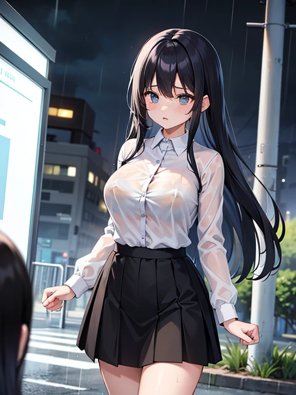 ((masterpiece, highest quality:1.3)),cowboy shot,25 year old beauty,solo,very small head,black hair,long hair,black eyes,blunt,skinny,medium breasts,long body,slender body,skinny,shiny skin,oily skin,sweat,Wet crotch、Love juice、shy,、Black tie、White long sleeve collared shirt、Black tight mini skirt、black_thighhighs、Japanese sword in its sheath、carry a Japanese sword、Shibuya Station、neon、at night、