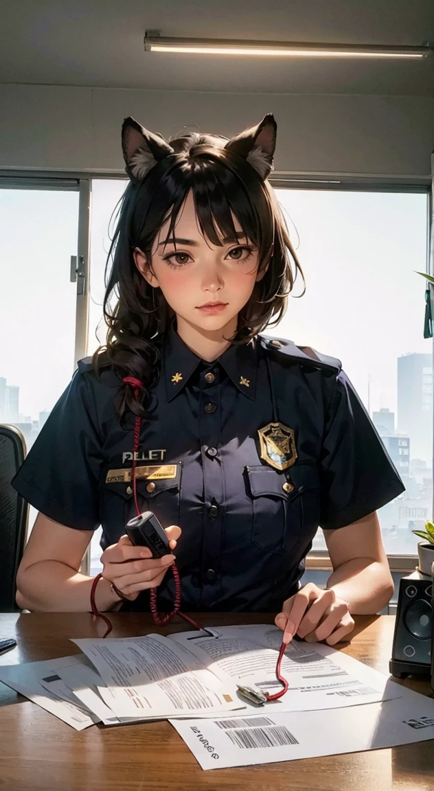 1girl, (solo:1.2), [slim], (small chest), pale skin, ((detailed eyes)), (bokeh effect), (dynamic angle), one girl with handcuffed wrists sitting in interrogation room, scared expressions:1.2, torn clothes. 