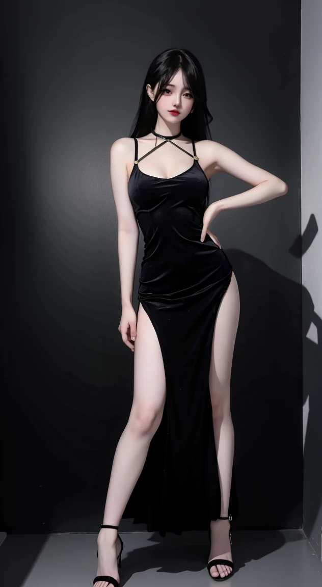 Beautiful Chinese waifu, early 30s, brunette hair, (small breasts), black leather qipao