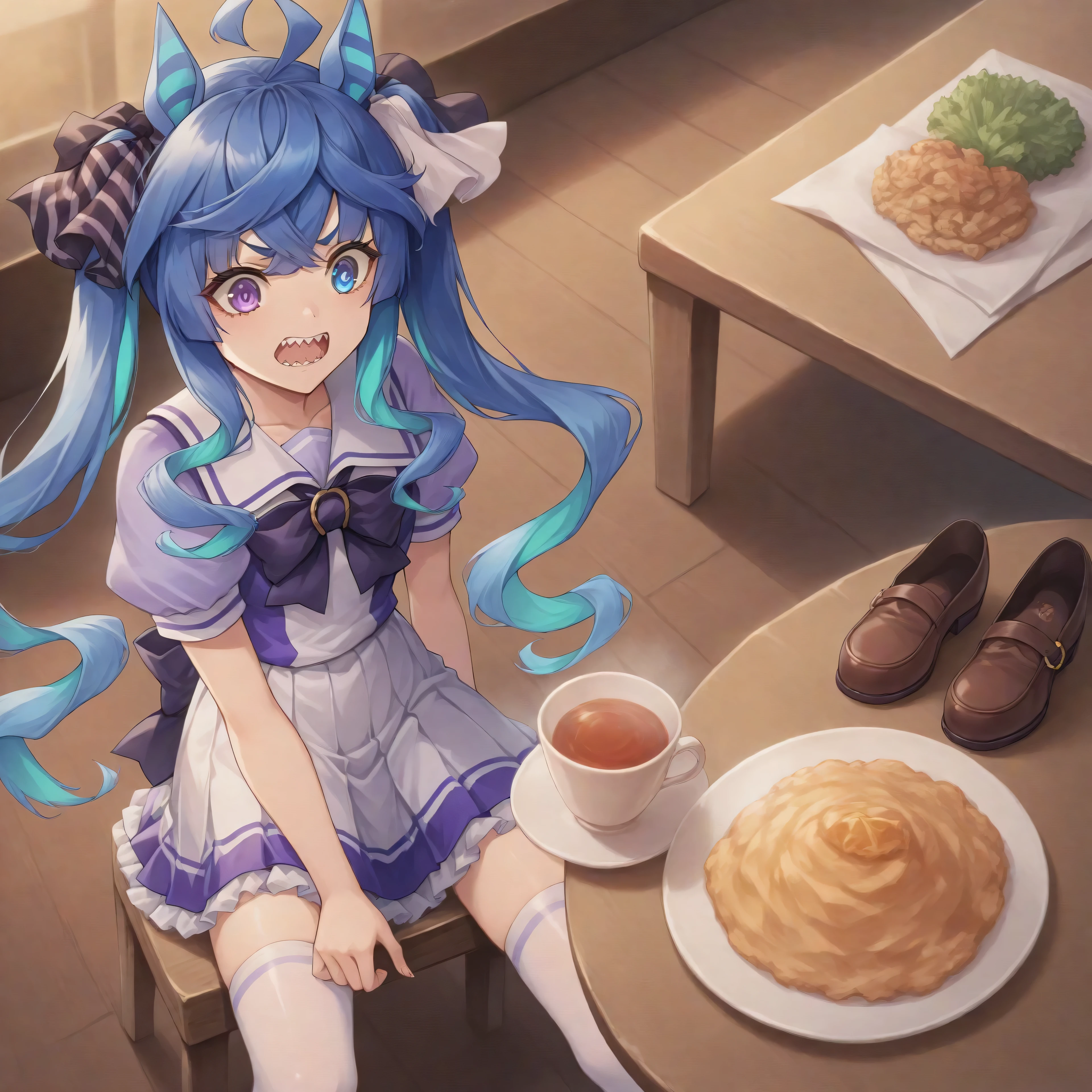 anime, lazypos, masterpiece, best quality, amazing quality, dormatory, on dining table, pov, 1girl, solo, zzTwinturbo, blue hair, twintails, heterochromia, purple eyes, blue eyes, sharp teeth, TracenShort, tracen school uniform, purple sailor shirt, white pleated skirt, white thighhighs, brown loafers, purple bow, puffy short sleeves, surprised, wide eyed,