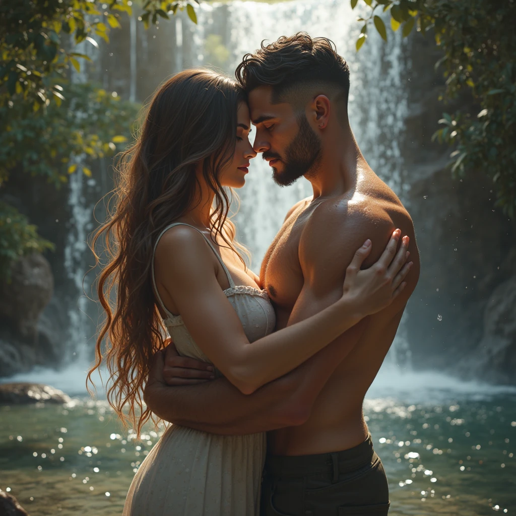 A beautiful white woman with long straight purple hair, bangs and blue eyes, small mouth, wearing a pink bikini, kissing a handsome brunette man with short messy brown hair, bangs, and brown eyes, dressed in blue pants, at the waterfall.